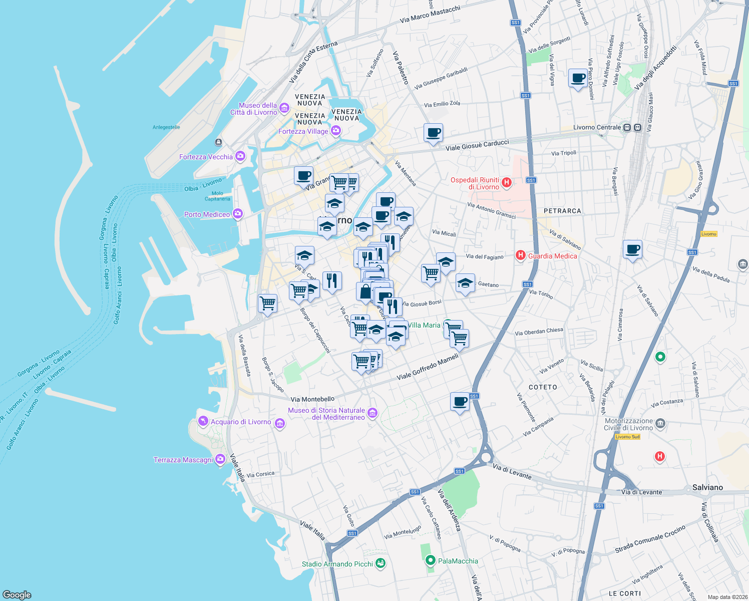 map of restaurants, bars, coffee shops, grocery stores, and more near 22 Via Giovanni Marradi in Livorno