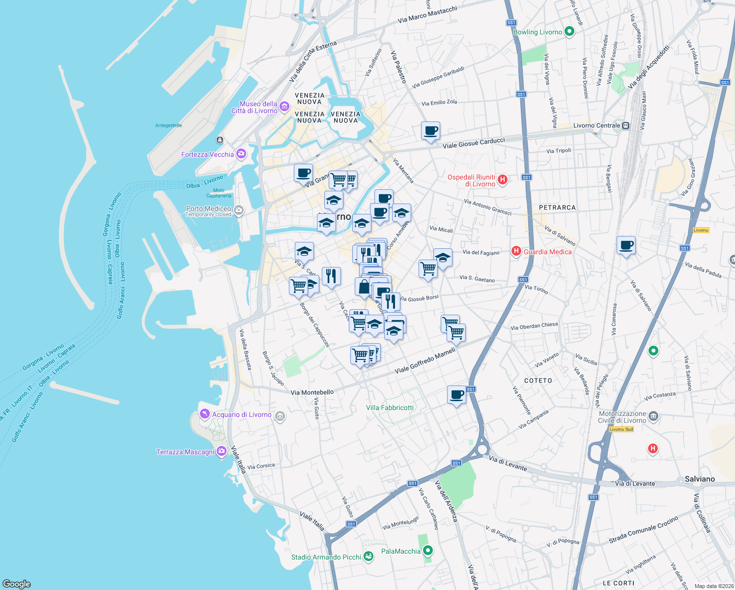 map of restaurants, bars, coffee shops, grocery stores, and more near 16 Via Leonardo Cambini in Livorno