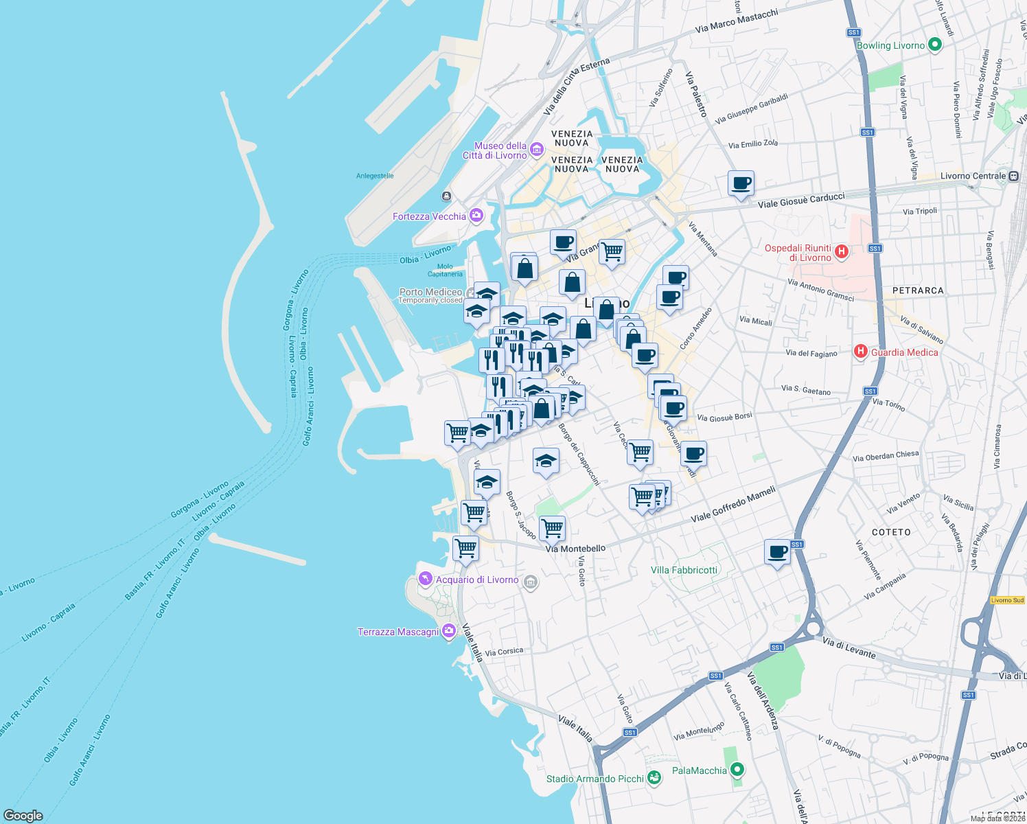 map of restaurants, bars, coffee shops, grocery stores, and more near 51 Corso Giuseppe Mazzini in Livorno
