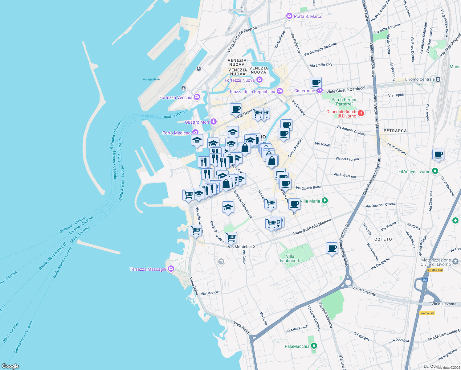 map of restaurants, bars, coffee shops, grocery stores, and more near 18 Via Carlo Bini in Livorno