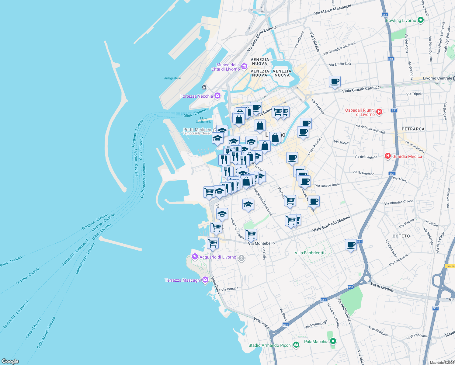 map of restaurants, bars, coffee shops, grocery stores, and more near 10 Scali Lena Adriano Novi in Livorno
