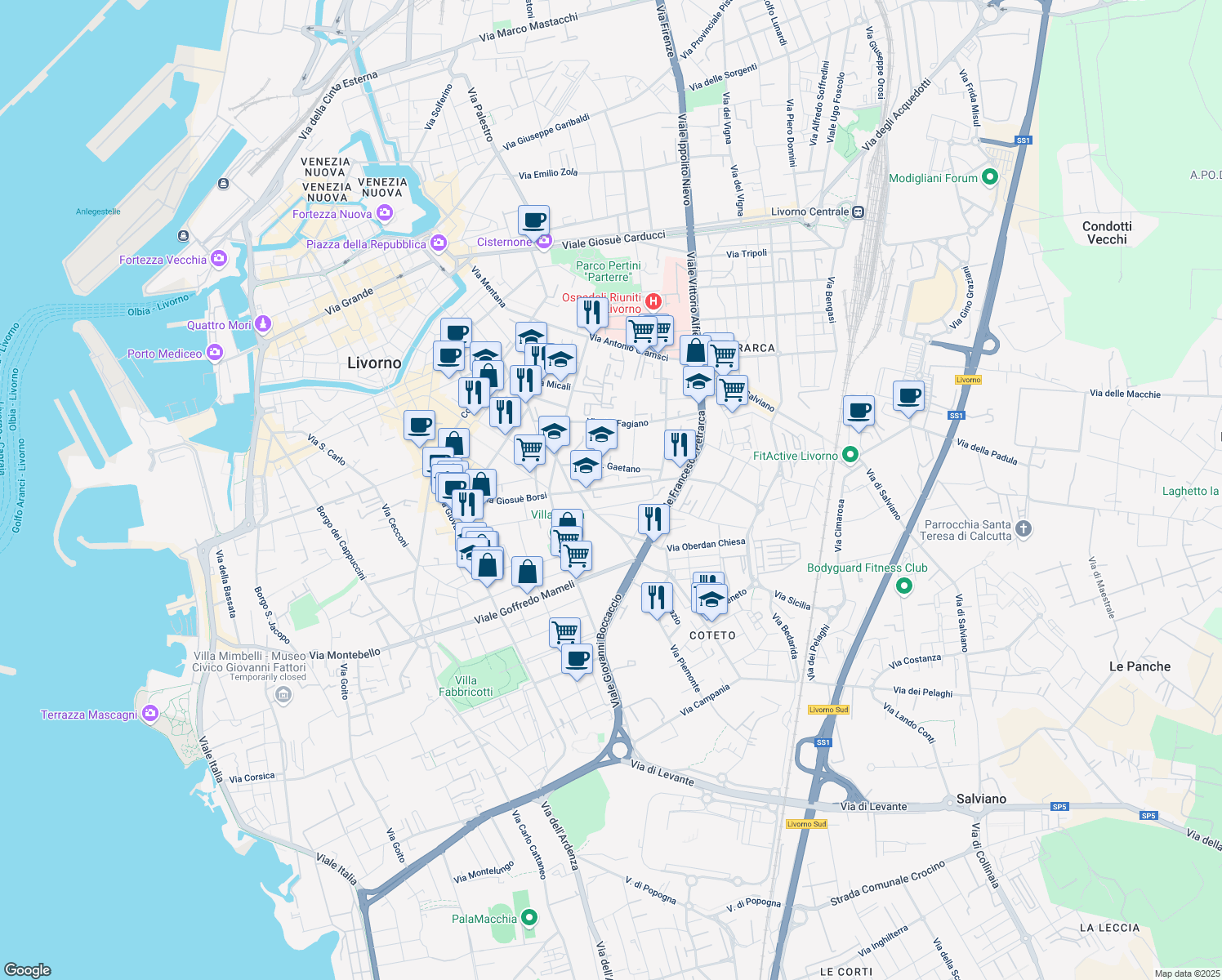 map of restaurants, bars, coffee shops, grocery stores, and more near 60 Via Pietro Coccoluto Ferrigni in Livorno