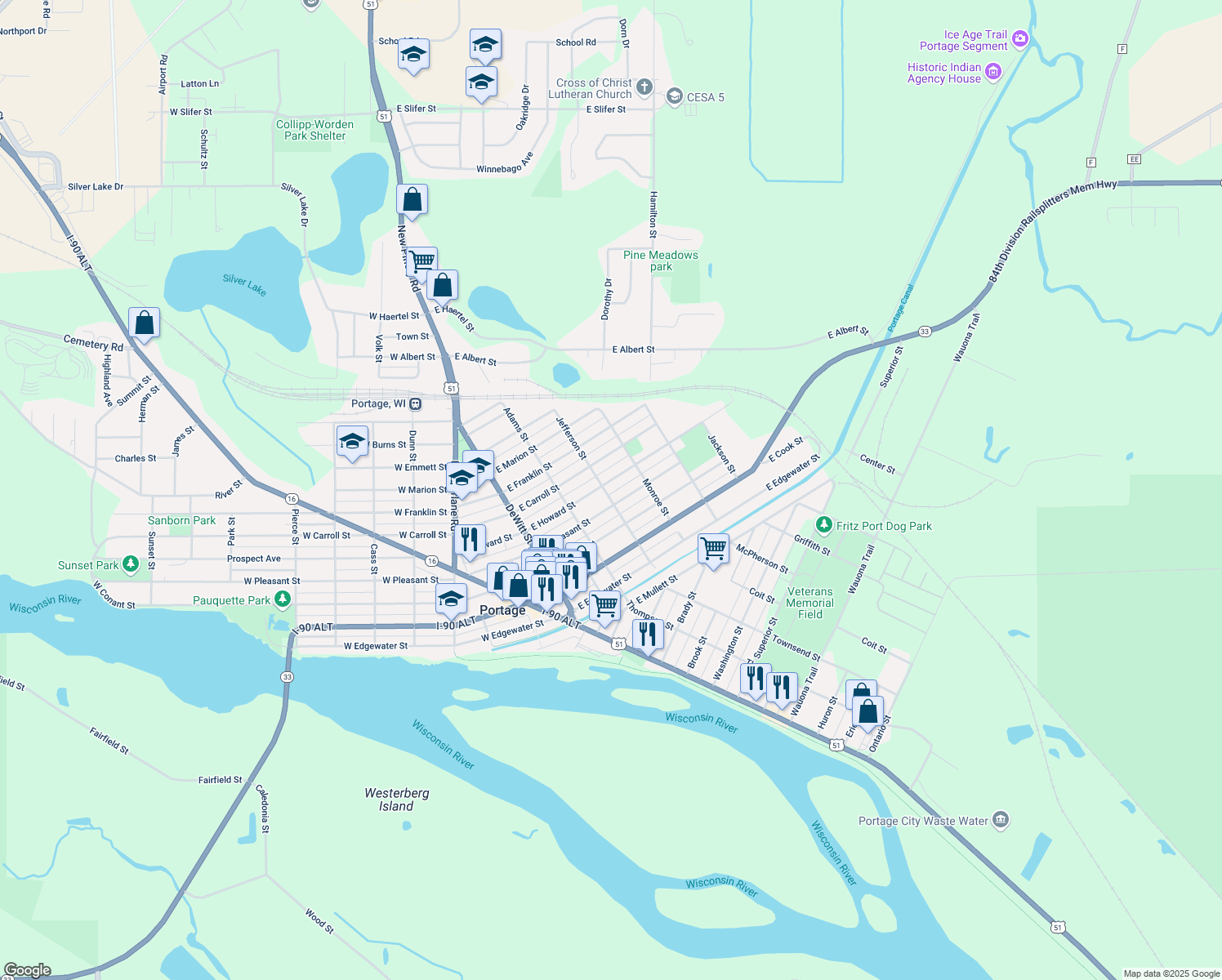 map of restaurants, bars, coffee shops, grocery stores, and more near 515 Jefferson St in Portage