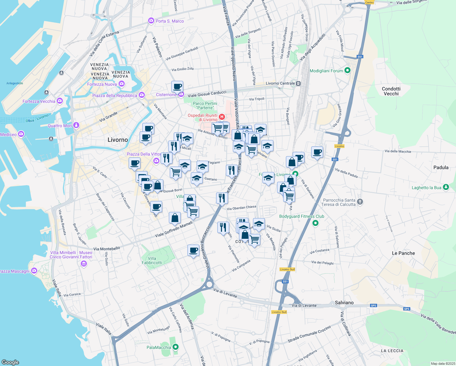 map of restaurants, bars, coffee shops, grocery stores, and more near 129 Viale Francesco Petrarca in Livorno