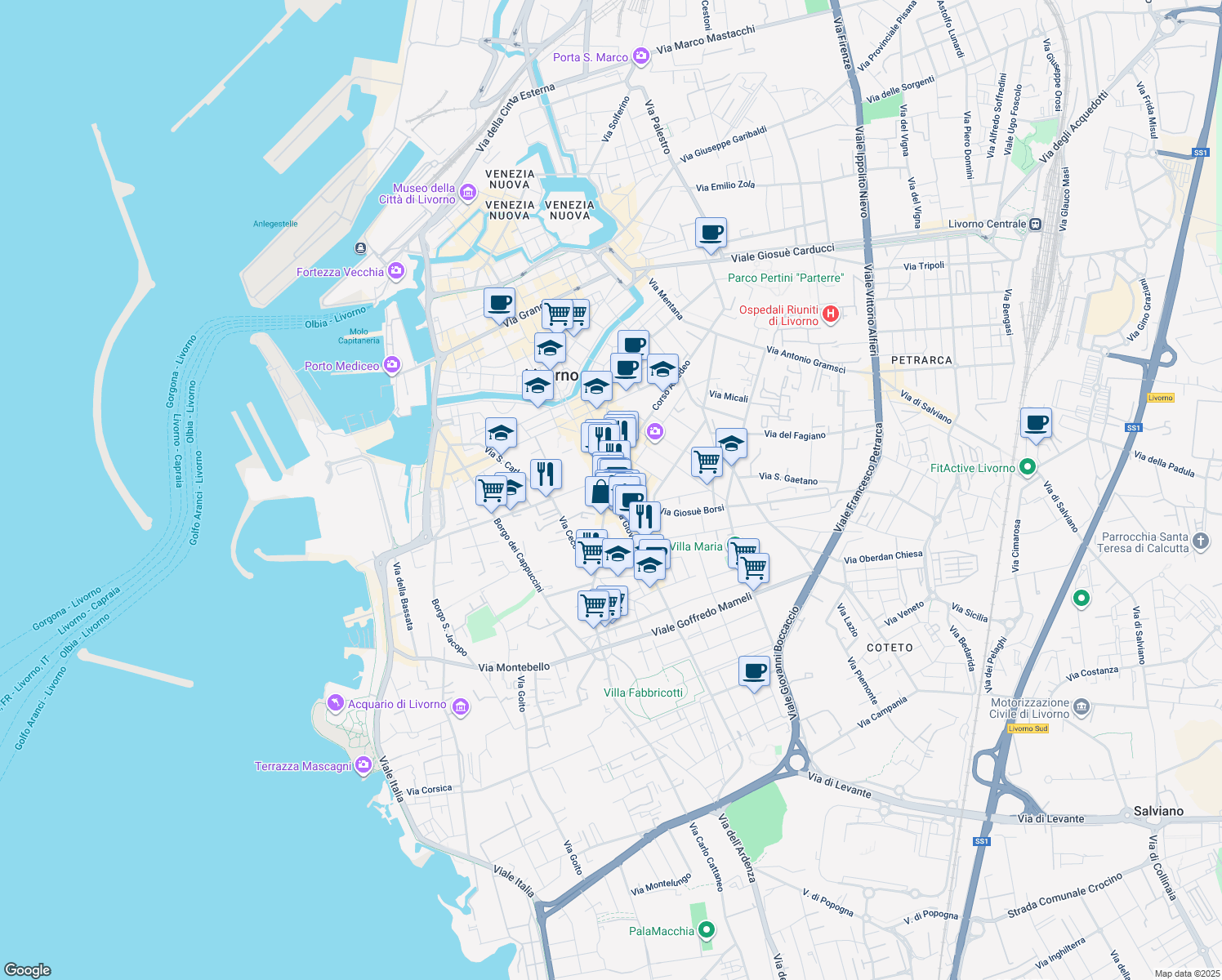 map of restaurants, bars, coffee shops, grocery stores, and more near 16 Via Leonardo Cambini in Livorno