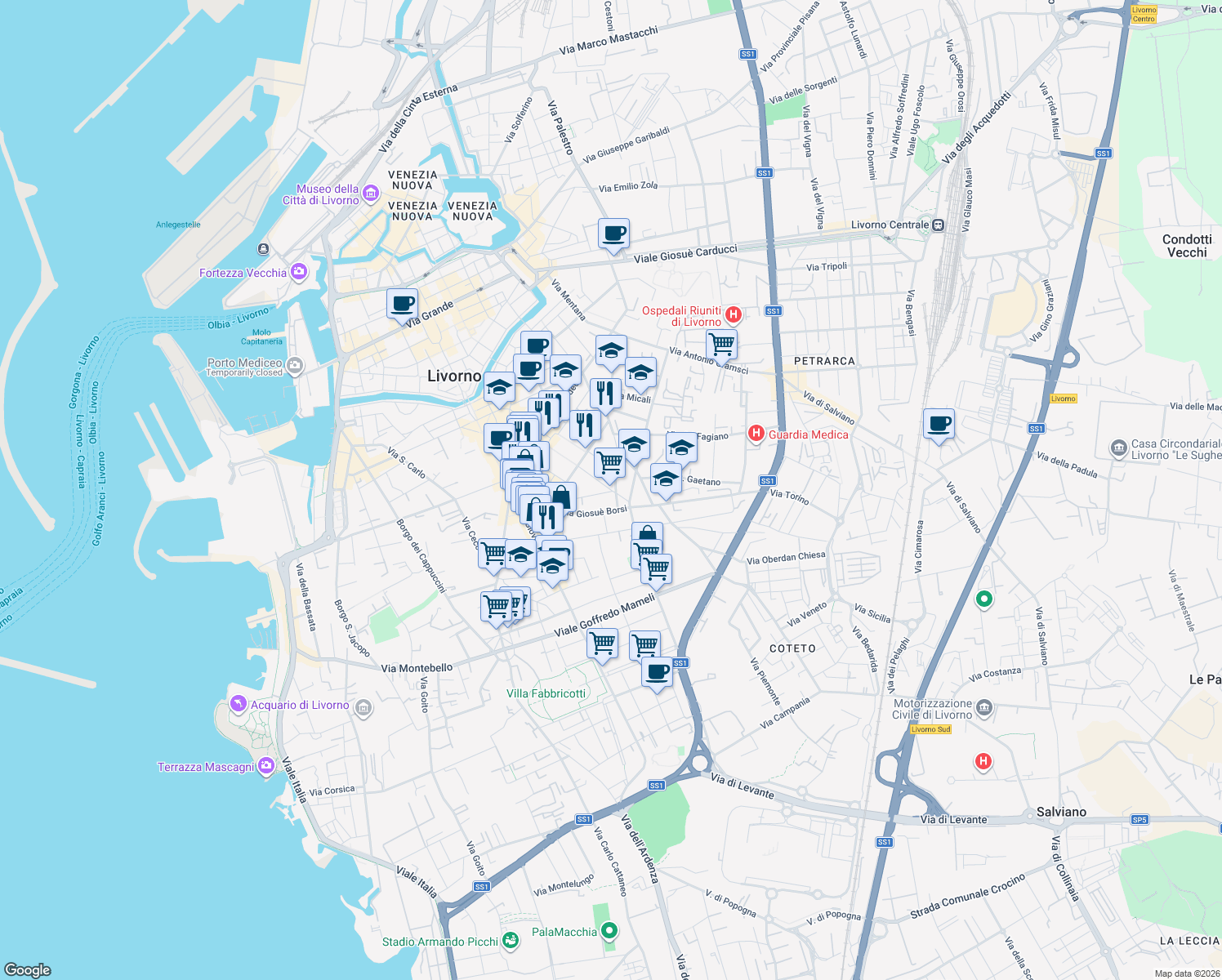 map of restaurants, bars, coffee shops, grocery stores, and more near 35 Via Vivoli in Livorno