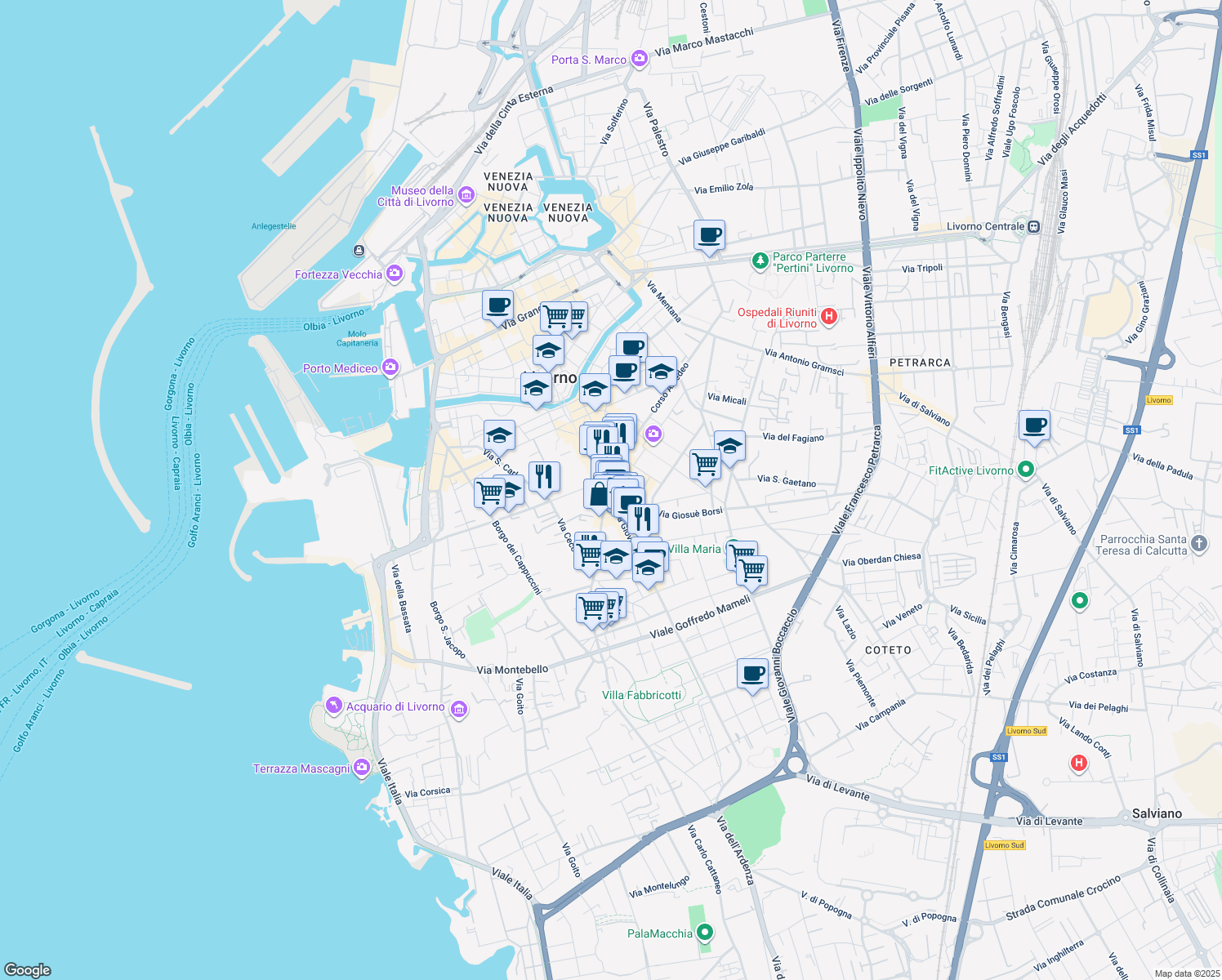 map of restaurants, bars, coffee shops, grocery stores, and more near 16 Via Leonardo Cambini in Livorno