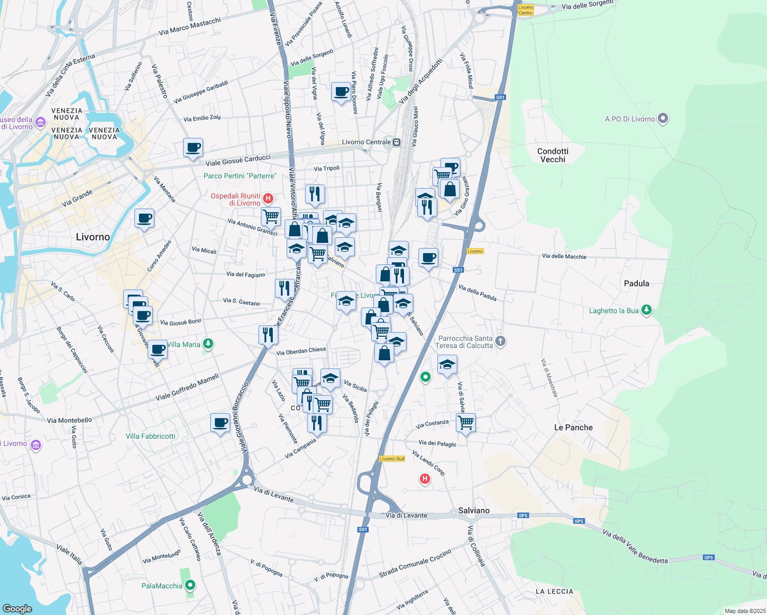 map of restaurants, bars, coffee shops, grocery stores, and more near 28 Via Domenico Cimarosa in Livorno