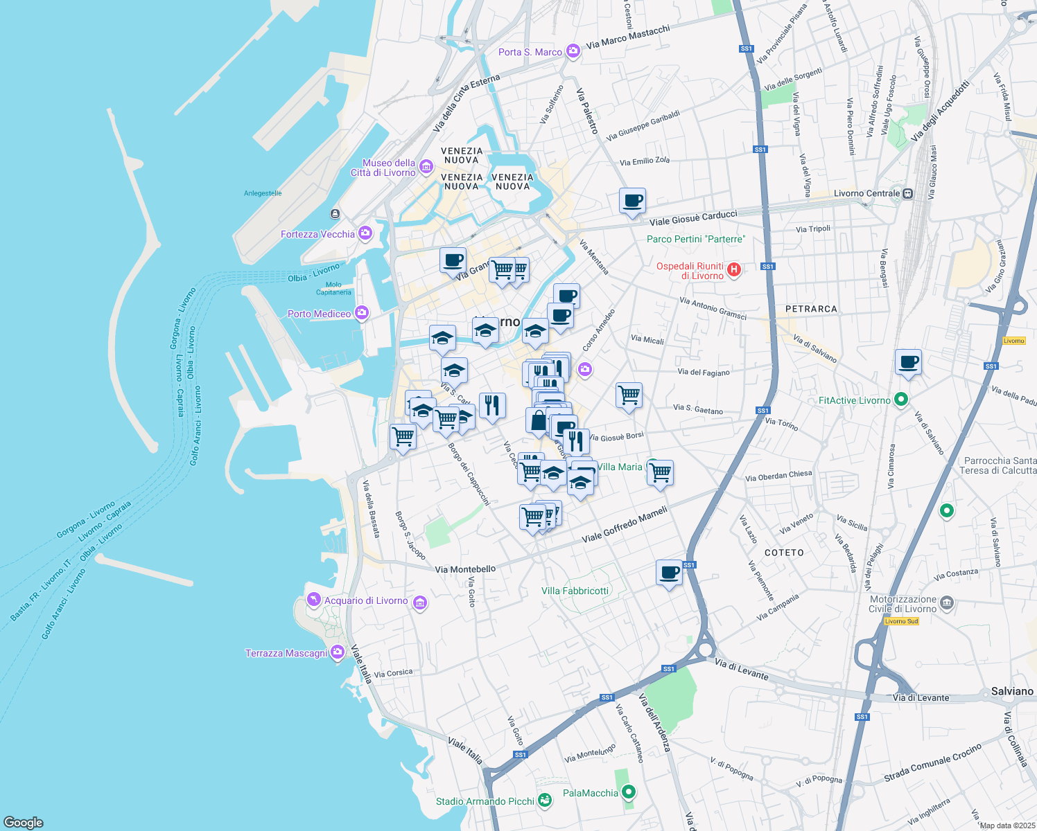 map of restaurants, bars, coffee shops, grocery stores, and more near 52 Via Roma in Livorno