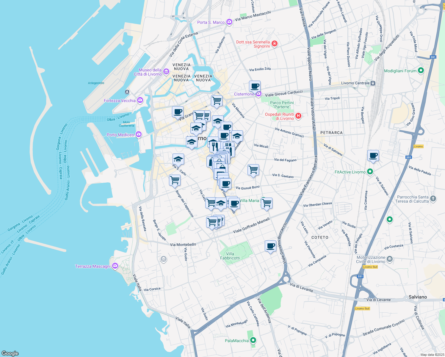 map of restaurants, bars, coffee shops, grocery stores, and more near 4 Via Giovanni Marradi in Livorno
