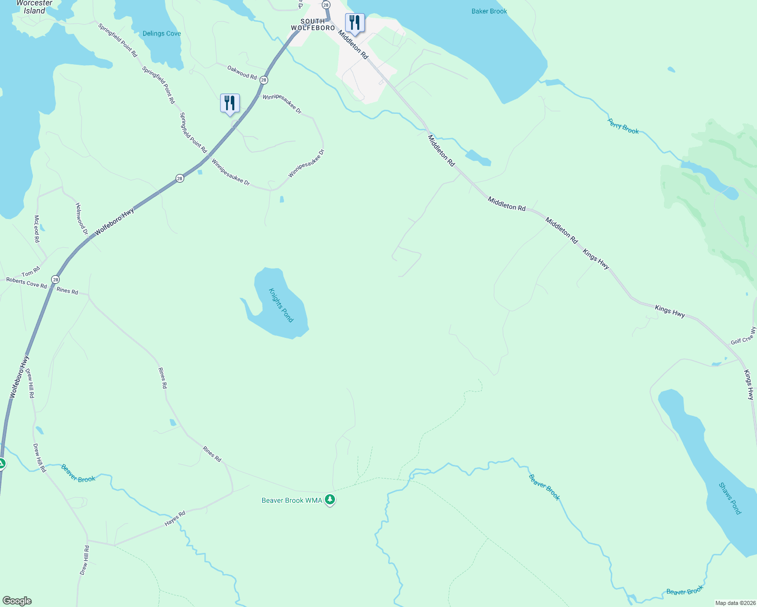 map of restaurants, bars, coffee shops, grocery stores, and more near 45 Long Stack Road in Wolfeboro