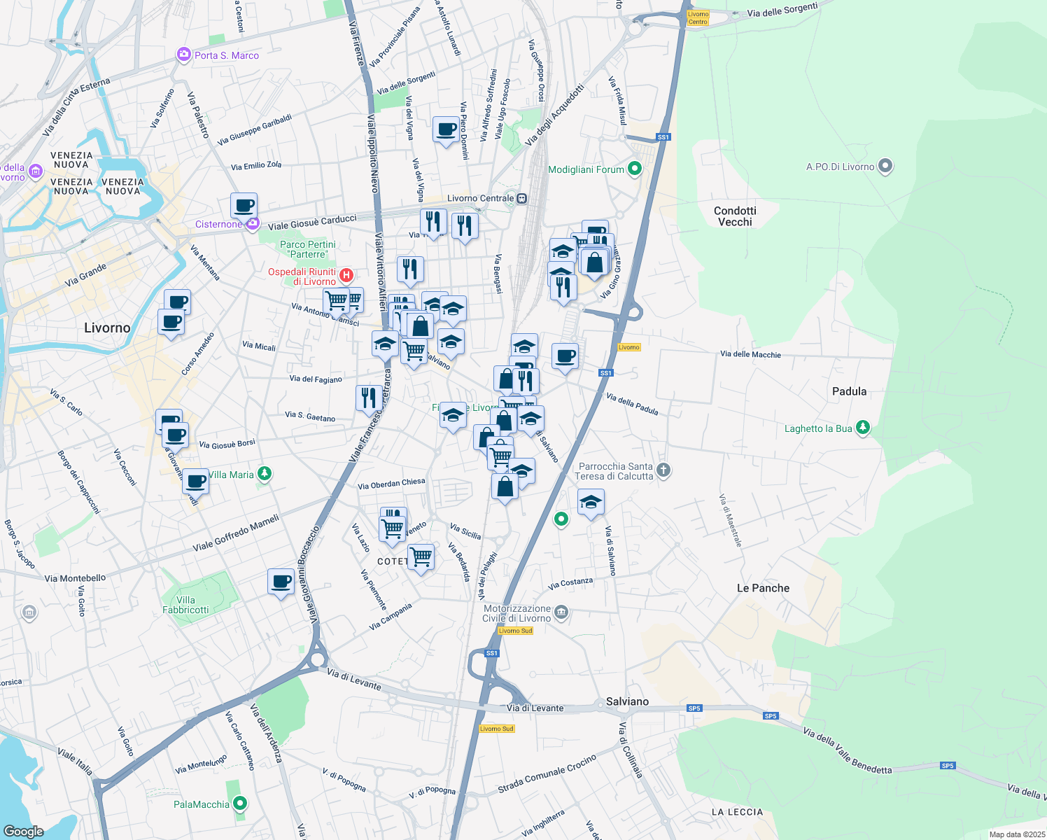 map of restaurants, bars, coffee shops, grocery stores, and more near 10 Via della Padula in Livorno