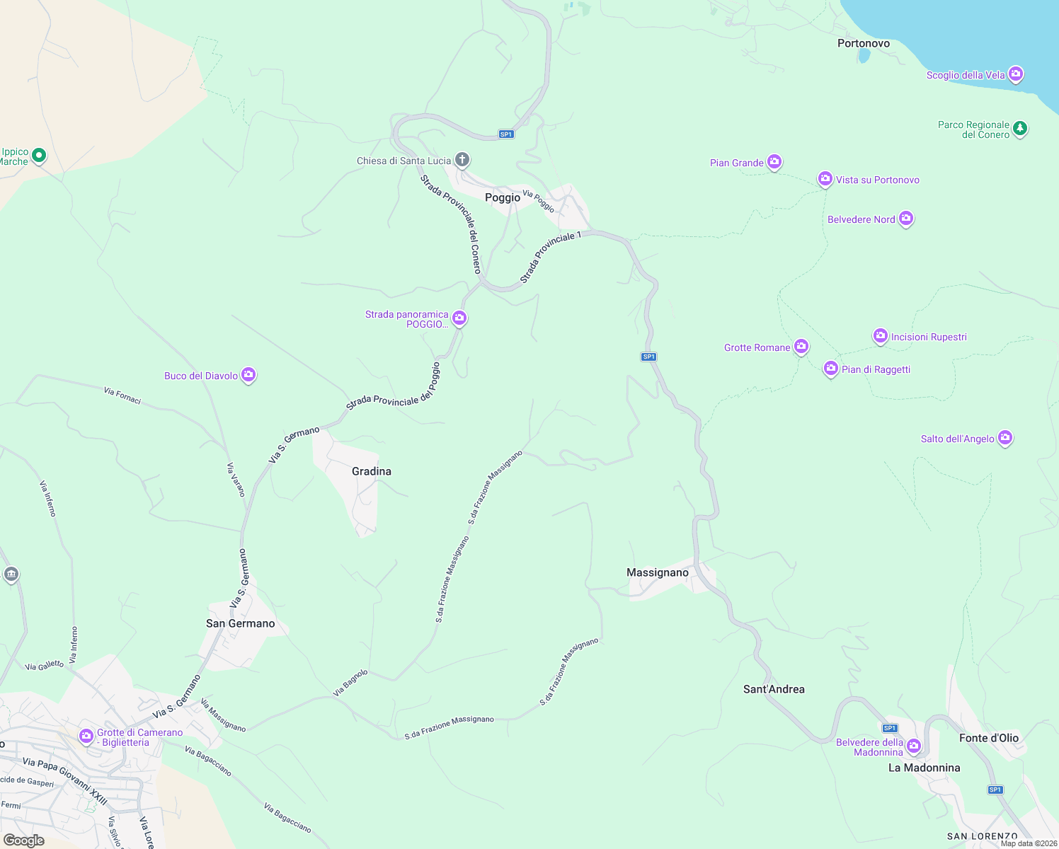 map of restaurants, bars, coffee shops, grocery stores, and more near 97 Frazione Poggio in Provincia di Ancona