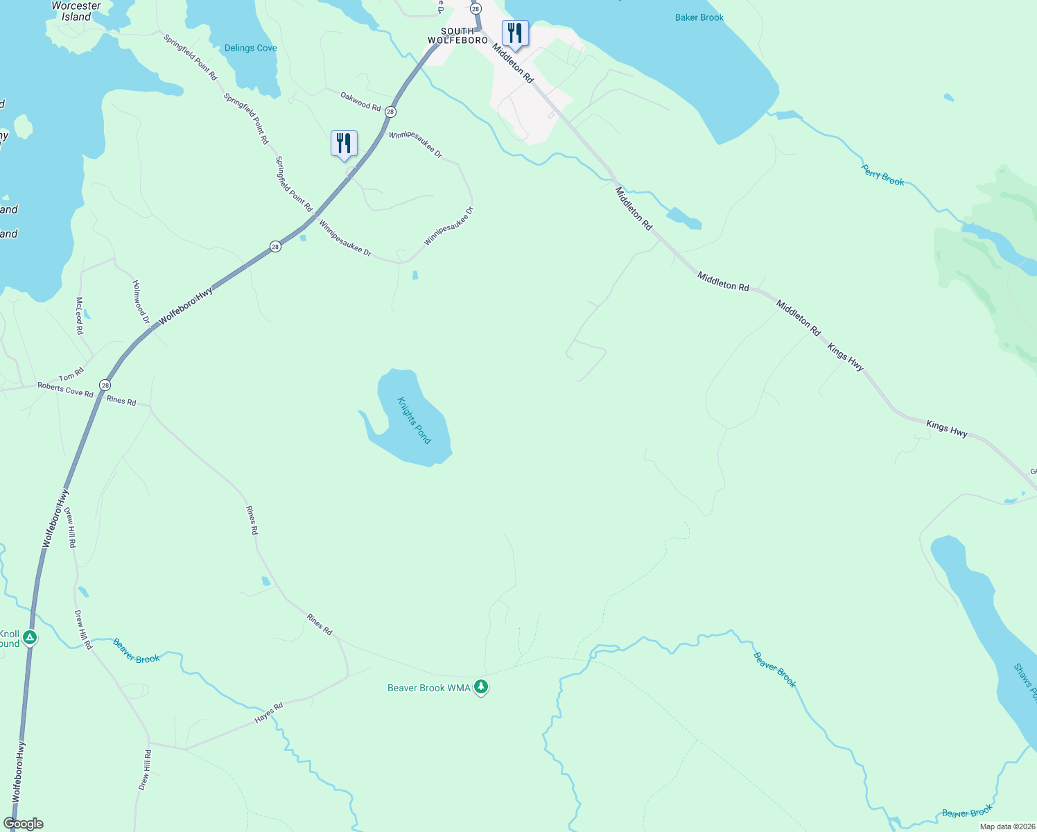 map of restaurants, bars, coffee shops, grocery stores, and more near 29 Long Stack Lane in Wolfeboro