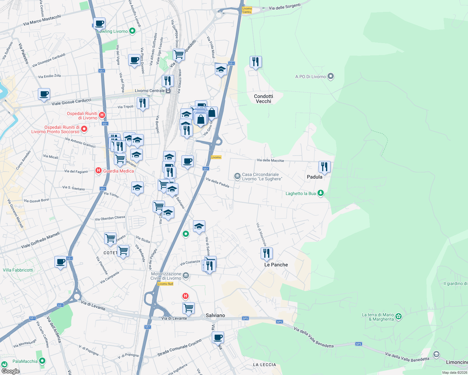 map of restaurants, bars, coffee shops, grocery stores, and more near 8 Via delle Macchie in Livorno