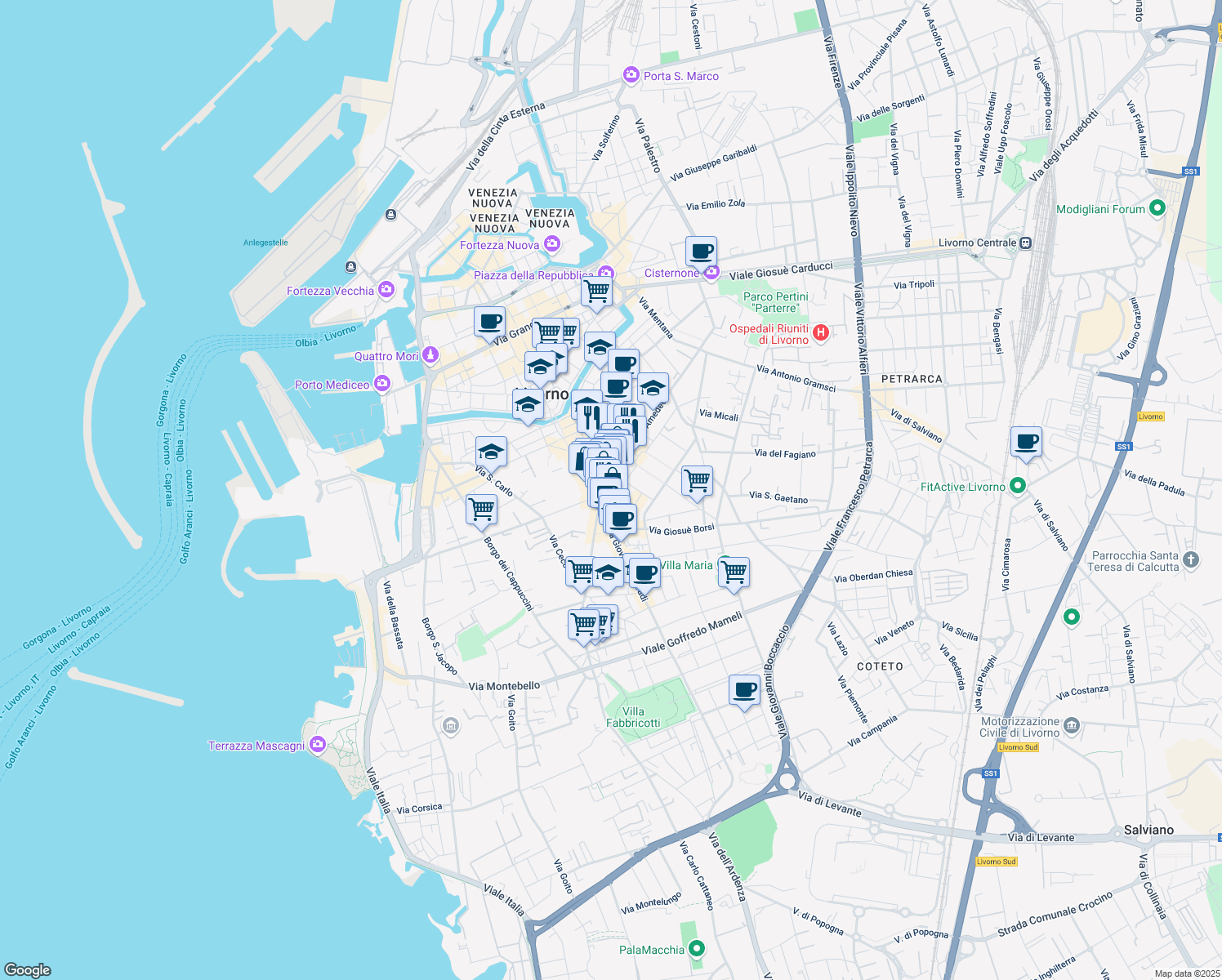 map of restaurants, bars, coffee shops, grocery stores, and more near 4 Via Giovanni Marradi in Livorno