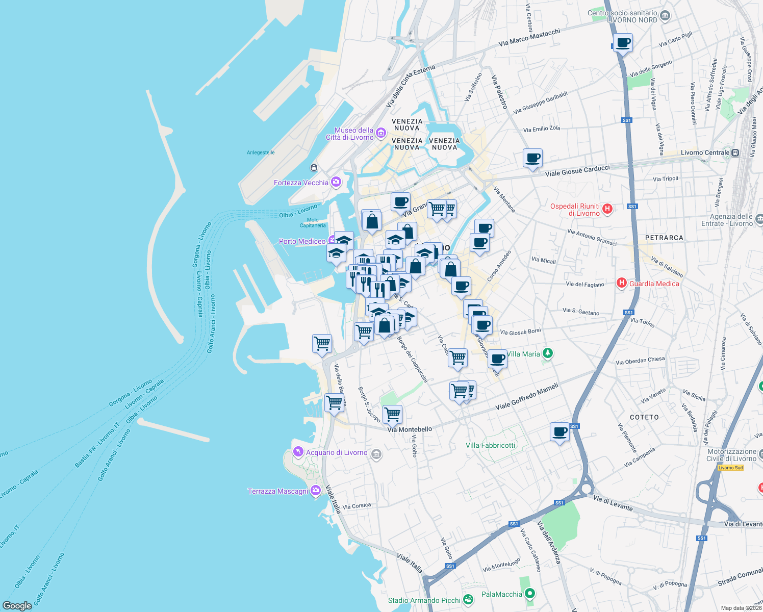 map of restaurants, bars, coffee shops, grocery stores, and more near 187 Via Giuseppe Verdi in Livorno
