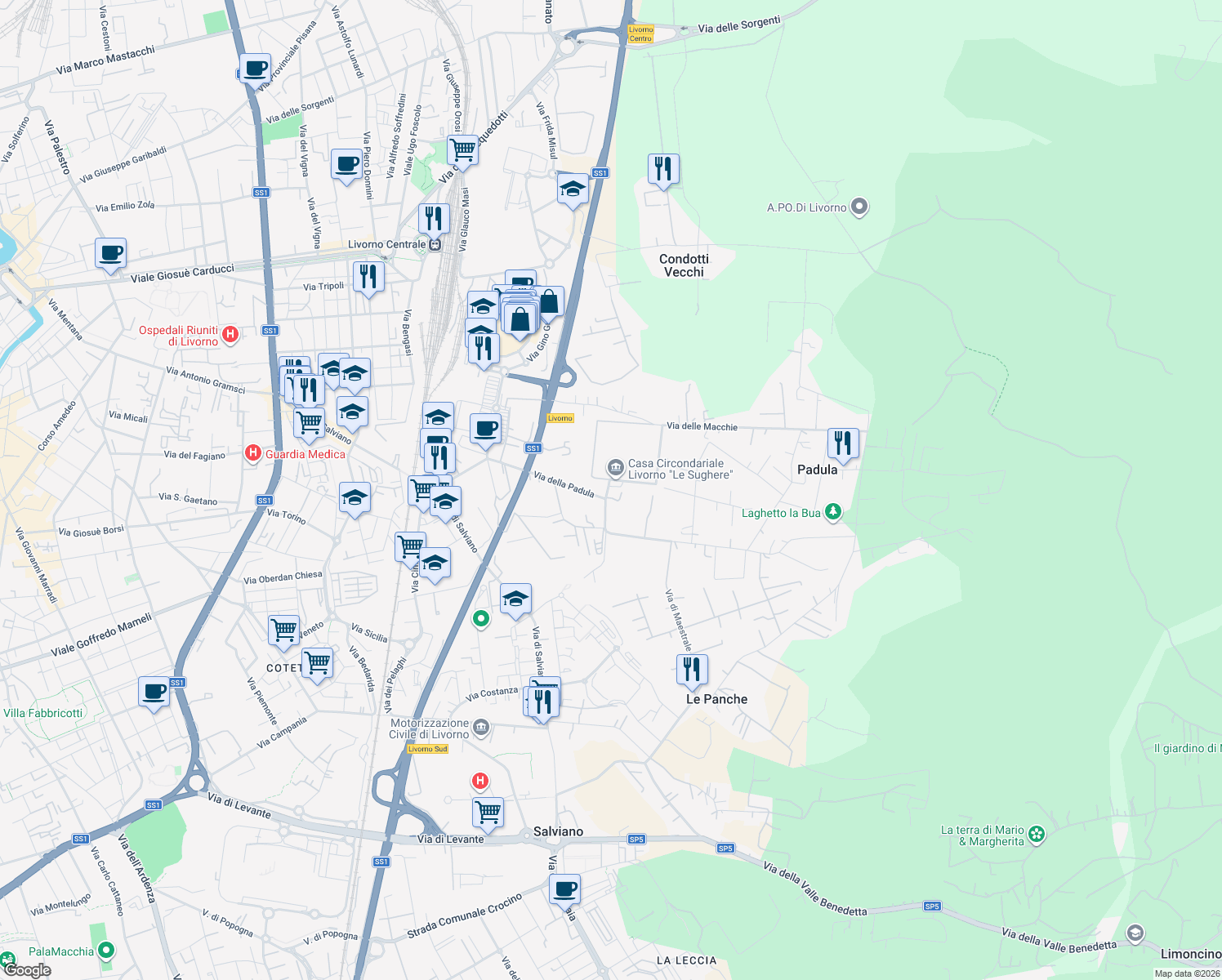 map of restaurants, bars, coffee shops, grocery stores, and more near 8 Via delle Macchie in Livorno