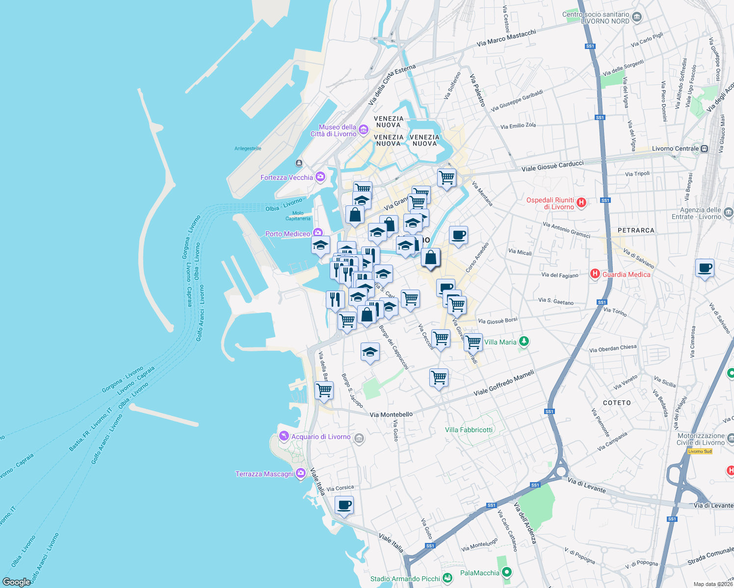 map of restaurants, bars, coffee shops, grocery stores, and more near 187 Via Giuseppe Verdi in Livorno