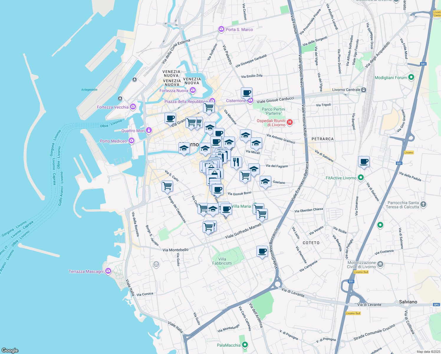 map of restaurants, bars, coffee shops, grocery stores, and more near 53 Piazza della Vittoria in Livorno