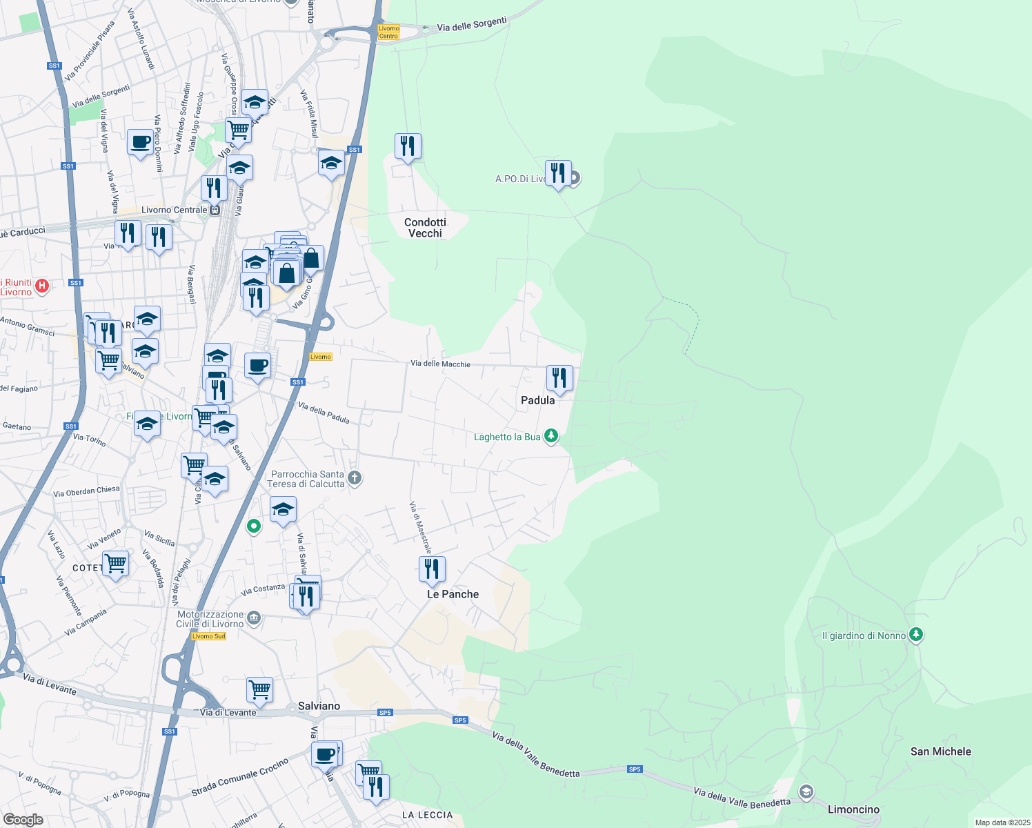 map of restaurants, bars, coffee shops, grocery stores, and more near 46 Via di Scirocco in Livorno