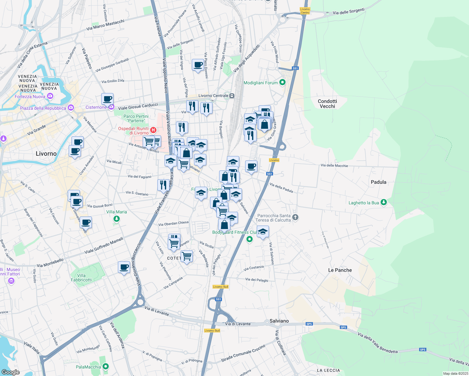 map of restaurants, bars, coffee shops, grocery stores, and more near 10 Via della Padula in Livorno