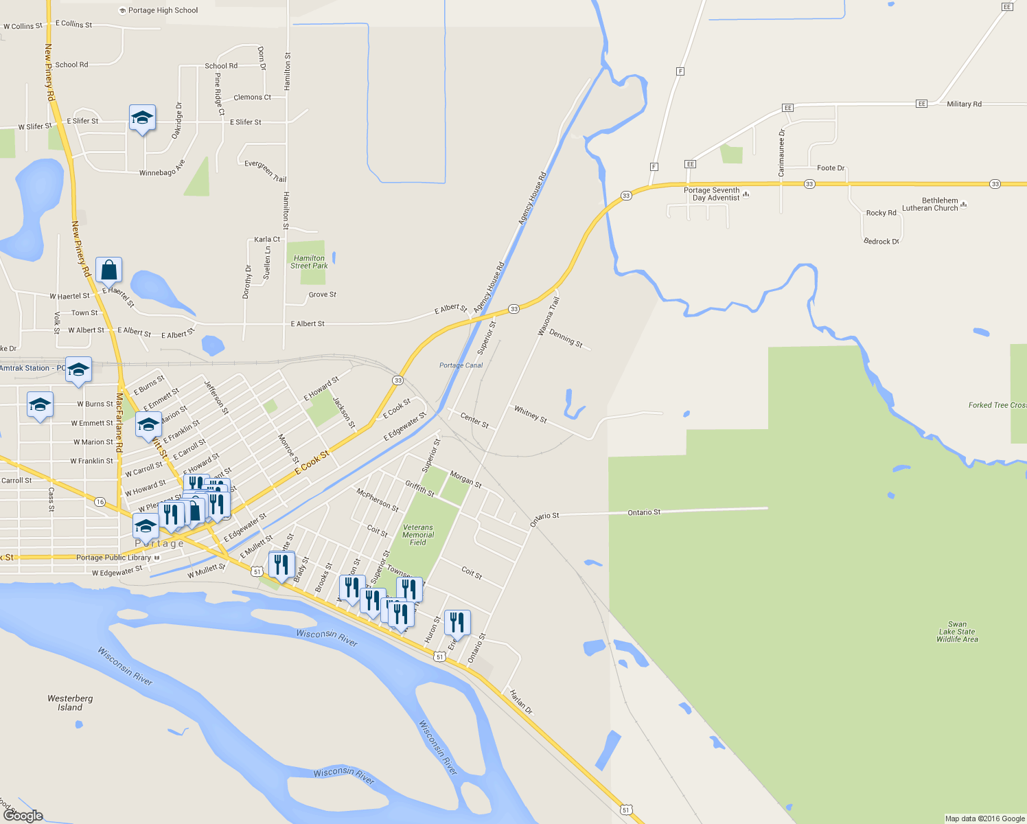 map of restaurants, bars, coffee shops, grocery stores, and more near 922 Wauona Trail in Portage