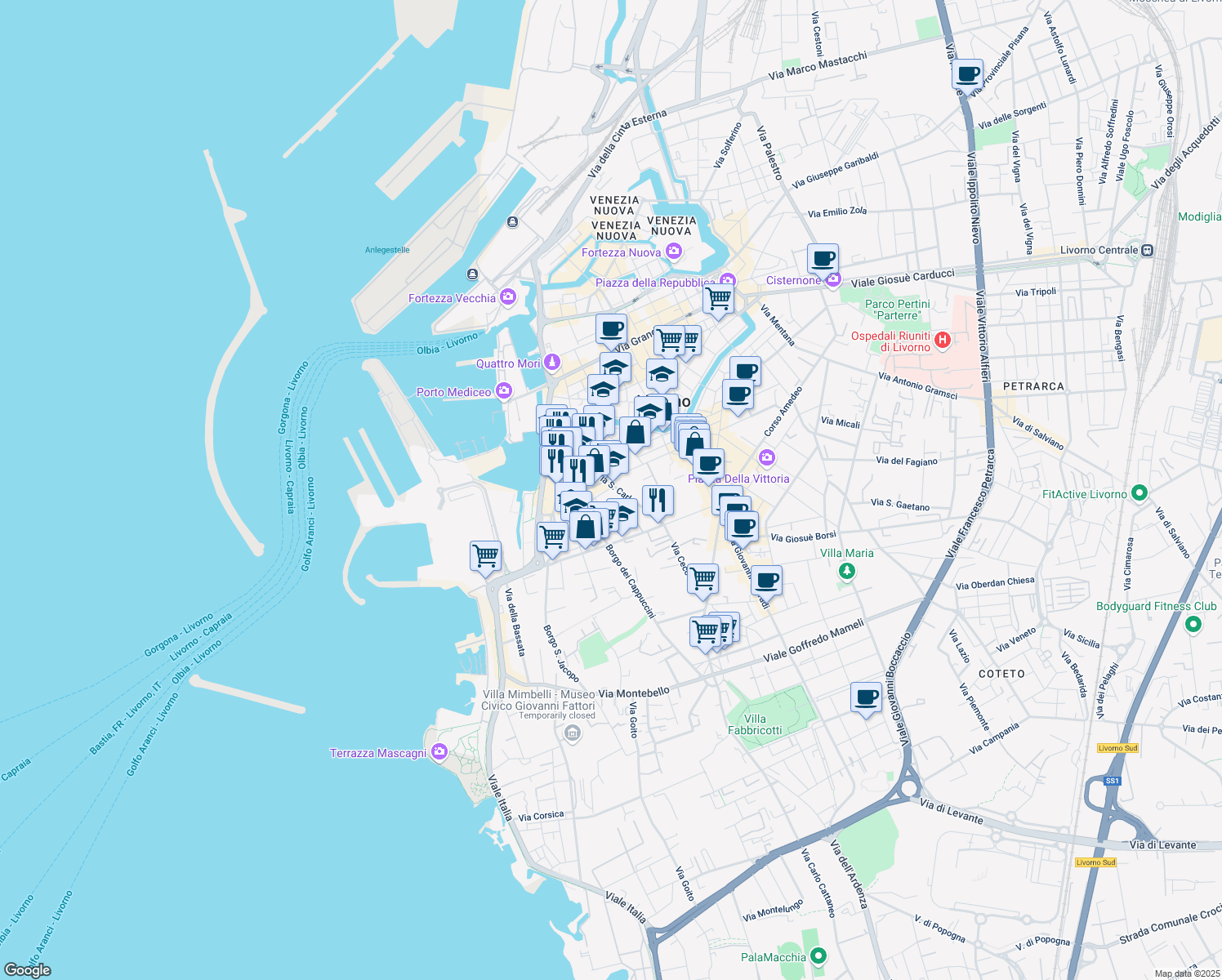 map of restaurants, bars, coffee shops, grocery stores, and more near 44 Via Carrozzieri in Livorno