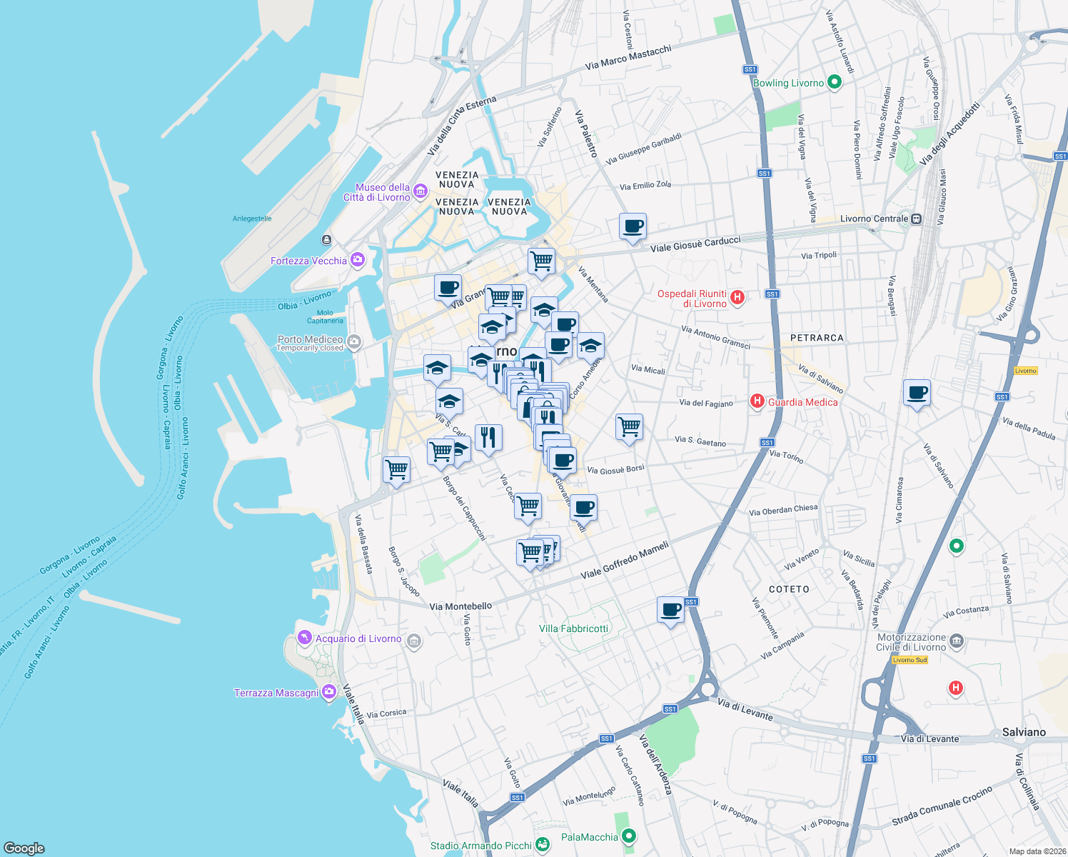 map of restaurants, bars, coffee shops, grocery stores, and more near 44 Via Enrico Mayer in Livorno