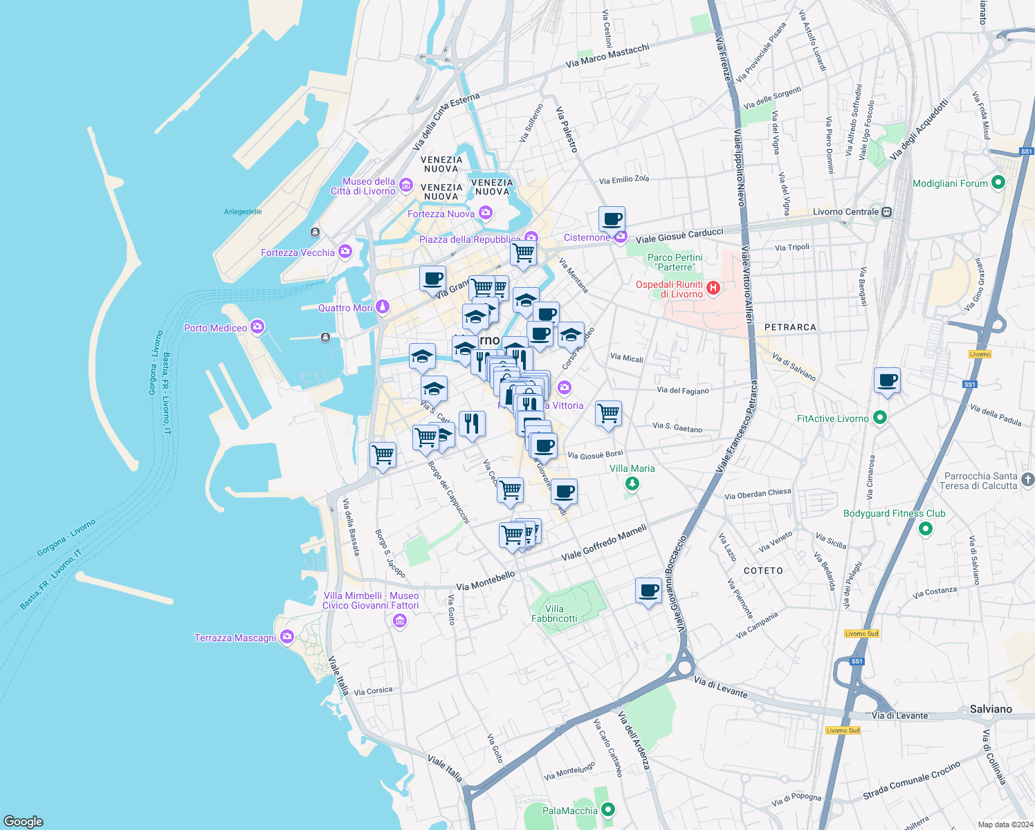 map of restaurants, bars, coffee shops, grocery stores, and more near 44 Via Enrico Mayer in Livorno