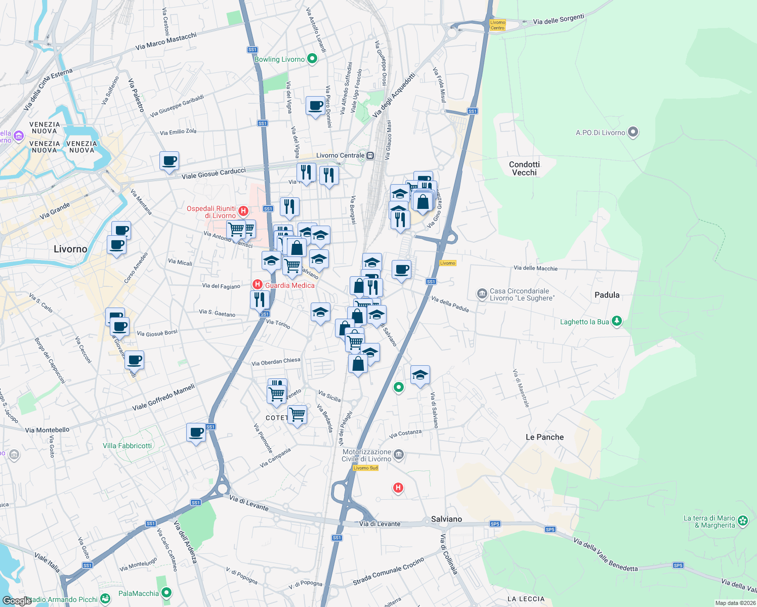 map of restaurants, bars, coffee shops, grocery stores, and more near 10 Via della Padula in Livorno
