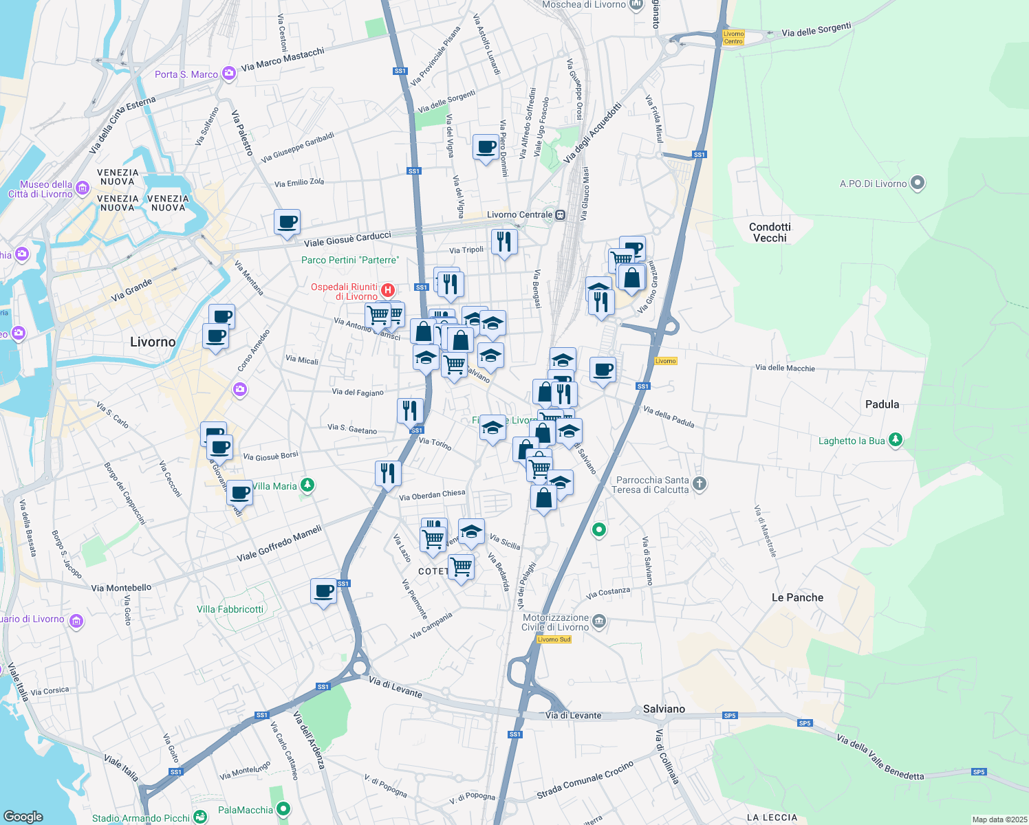 map of restaurants, bars, coffee shops, grocery stores, and more near 20/A Via Adolfo Tommasi in Livorno