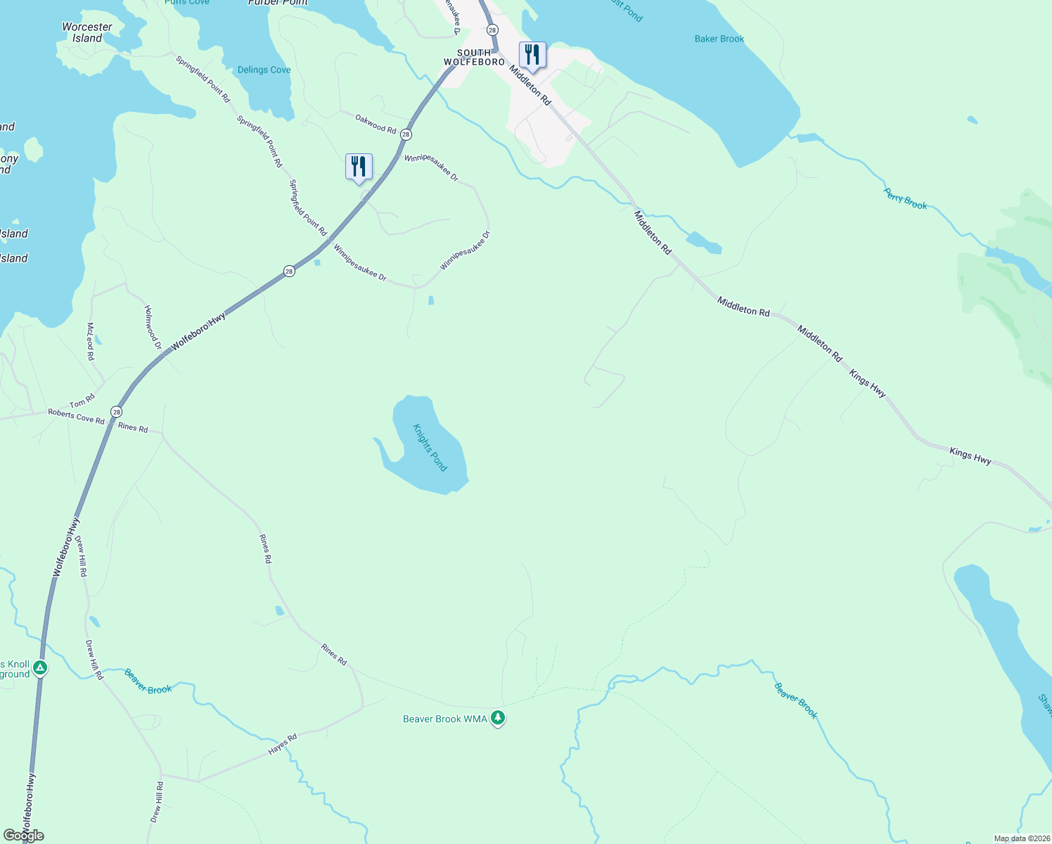 map of restaurants, bars, coffee shops, grocery stores, and more near 29 Long Stack Lane in Wolfeboro