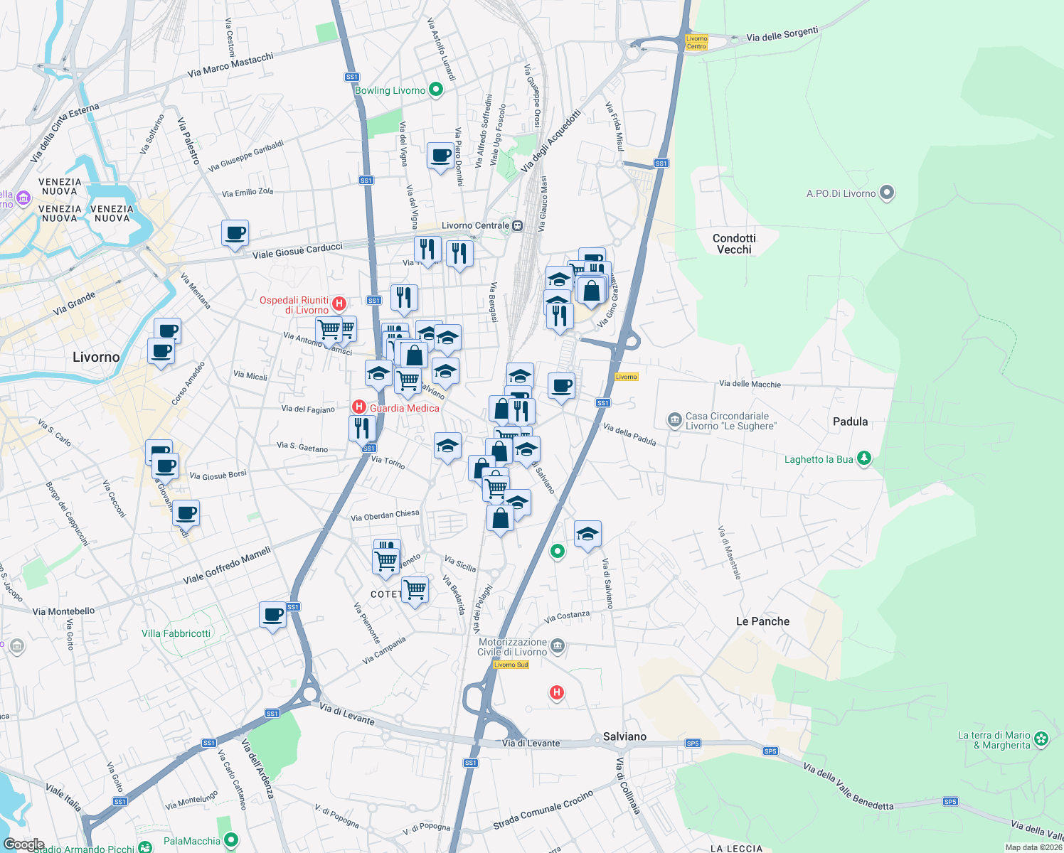 map of restaurants, bars, coffee shops, grocery stores, and more near 10 Via della Padula in Livorno