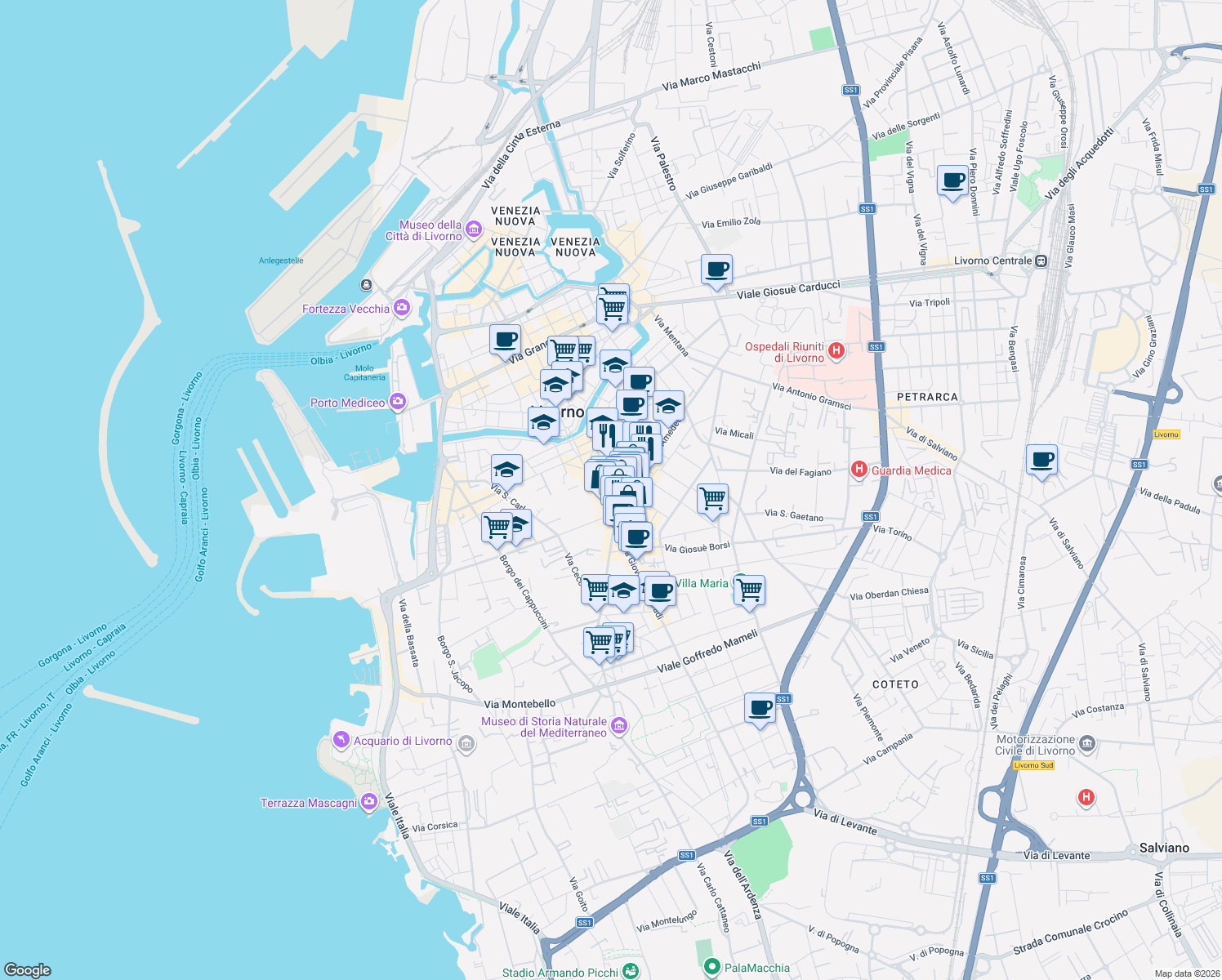 map of restaurants, bars, coffee shops, grocery stores, and more near 4 Via Giovanni Marradi in Livorno