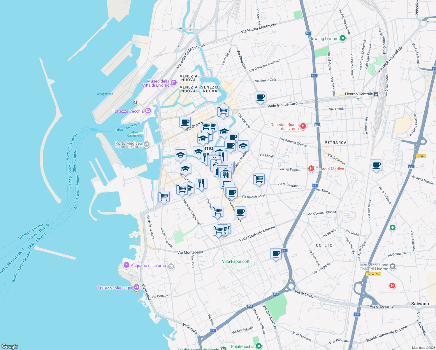 map of restaurants, bars, coffee shops, grocery stores, and more near 44 Via Enrico Mayer in Livorno