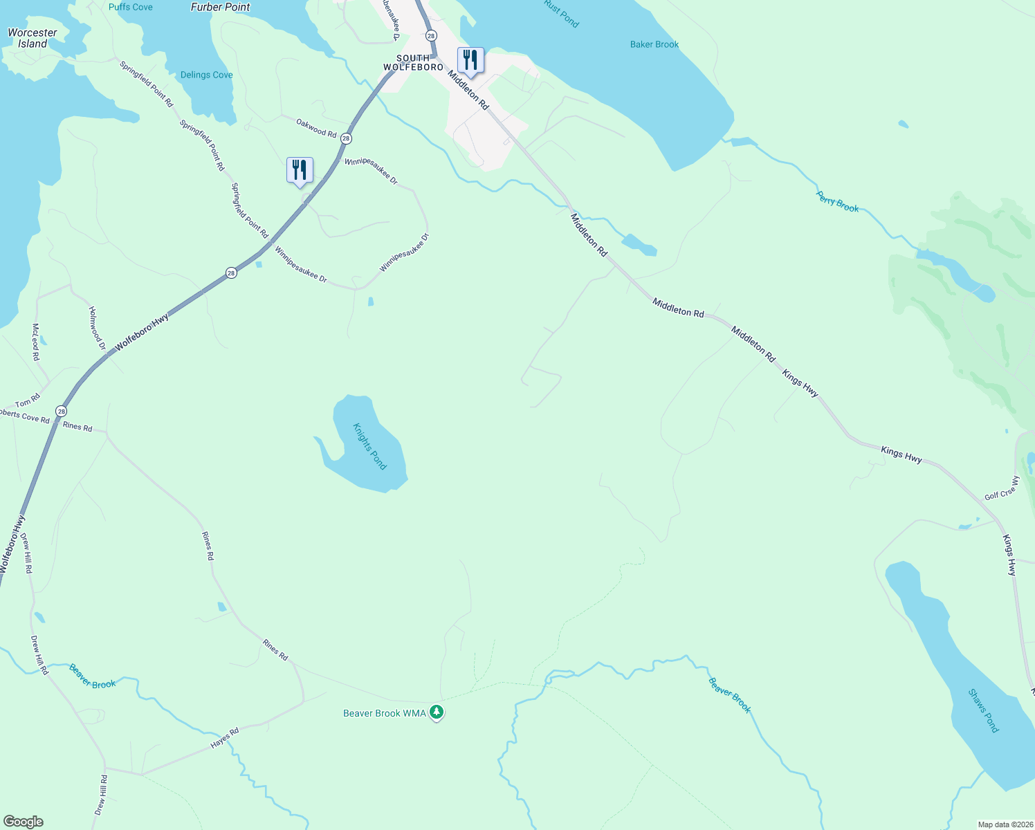 map of restaurants, bars, coffee shops, grocery stores, and more near 45 Long Stack Road in Wolfeboro