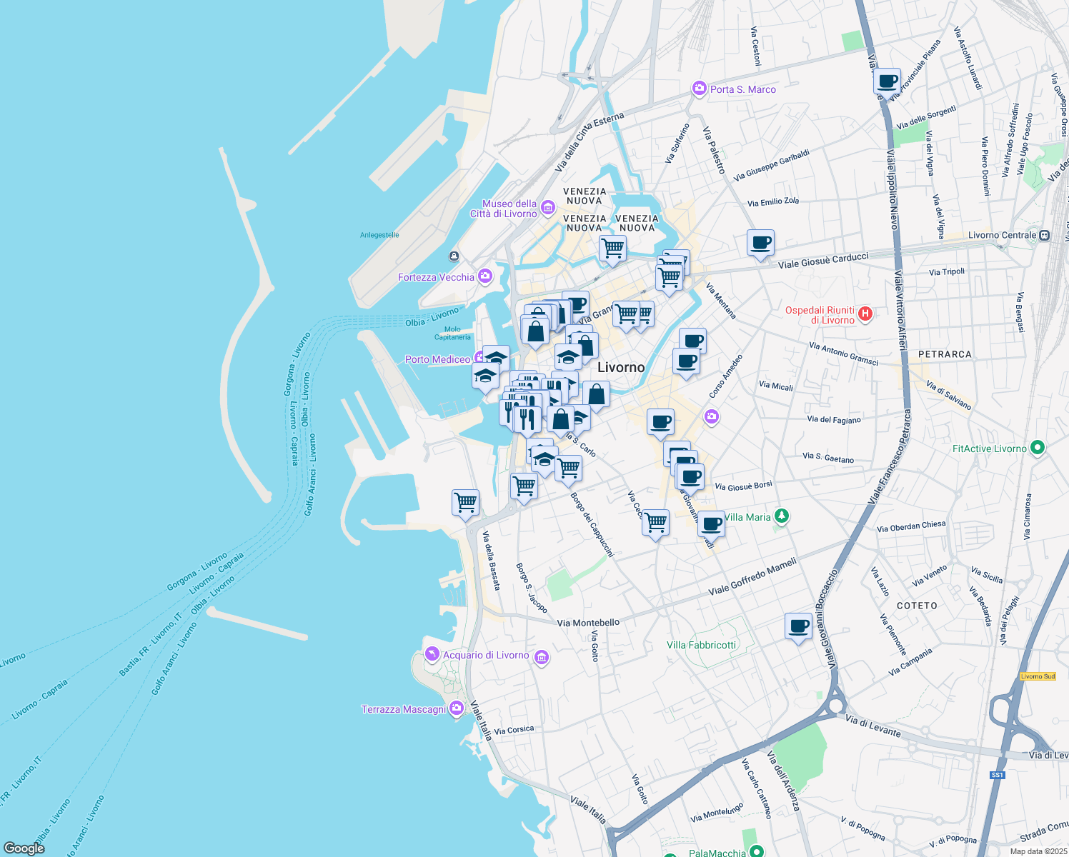 map of restaurants, bars, coffee shops, grocery stores, and more near 18 Piazza la Giovine Italia in Livorno
