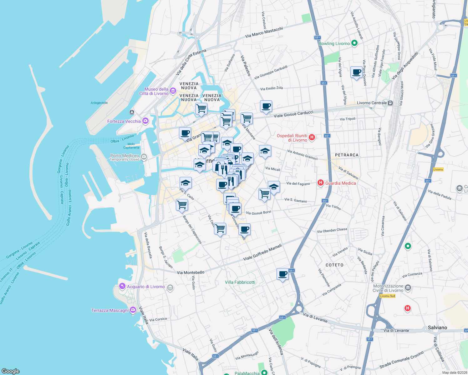 map of restaurants, bars, coffee shops, grocery stores, and more near 74 Via Magenta in Livorno
