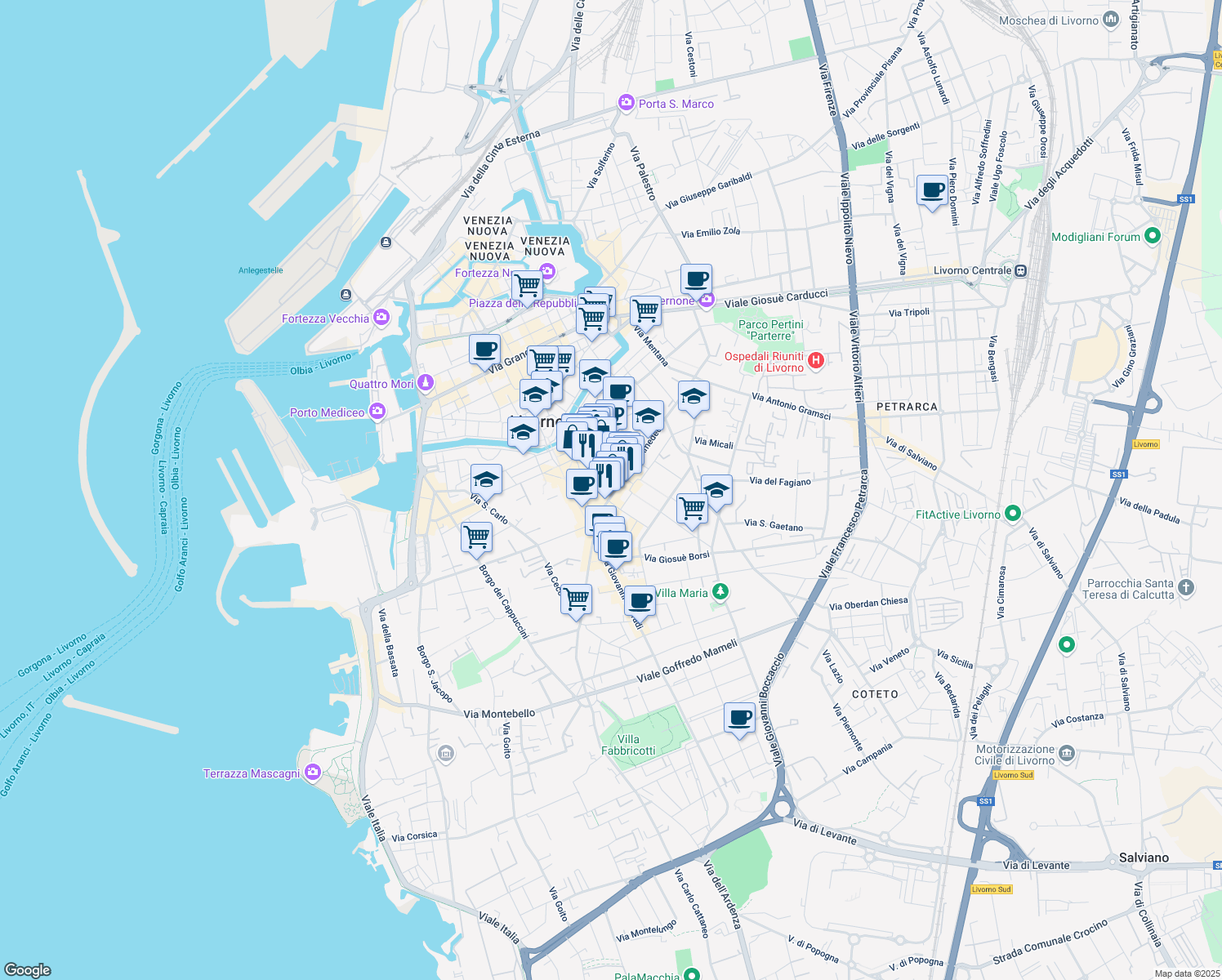map of restaurants, bars, coffee shops, grocery stores, and more near 74 Via Magenta in Livorno
