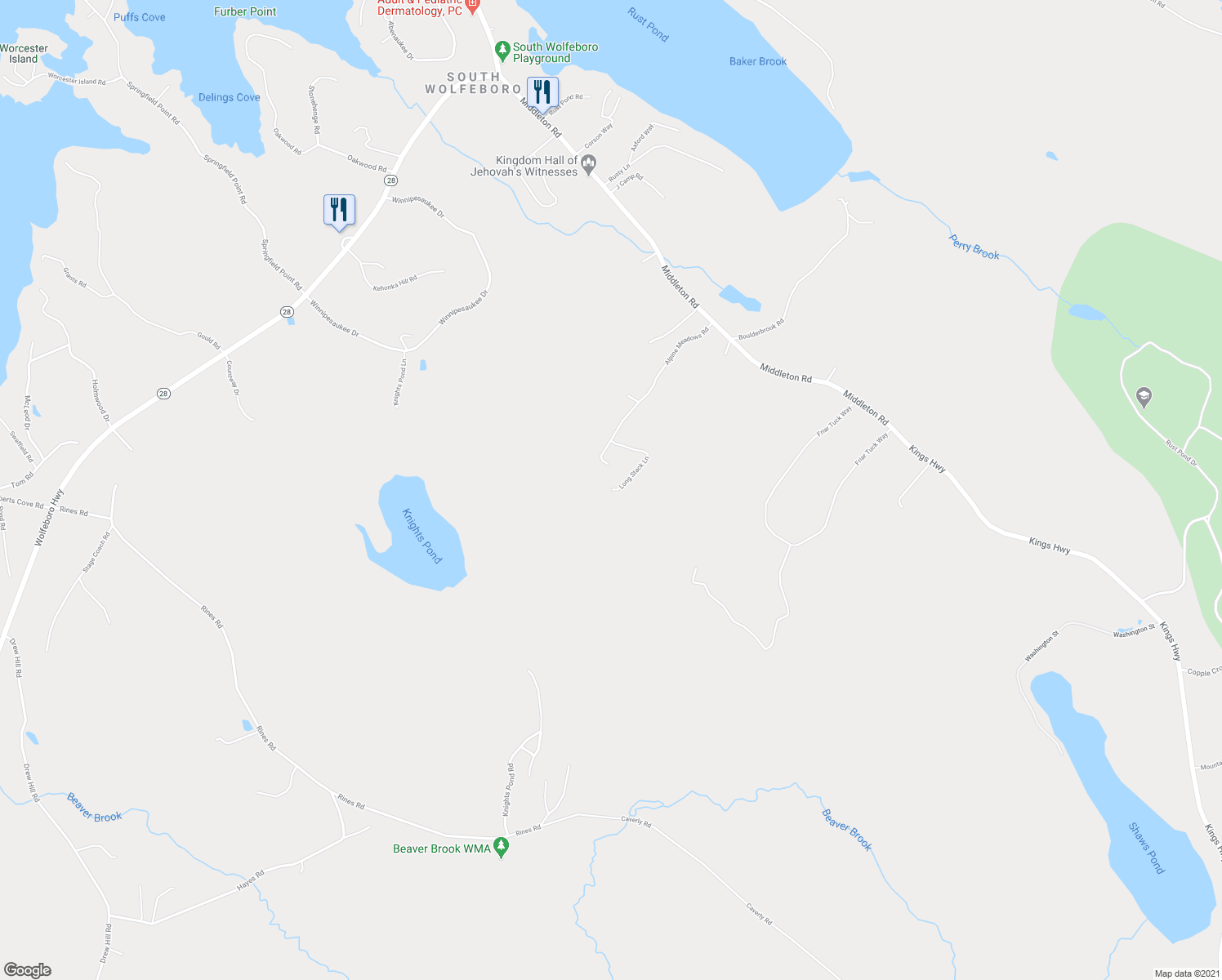 map of restaurants, bars, coffee shops, grocery stores, and more near 29 Long Stack Lane in Wolfeboro