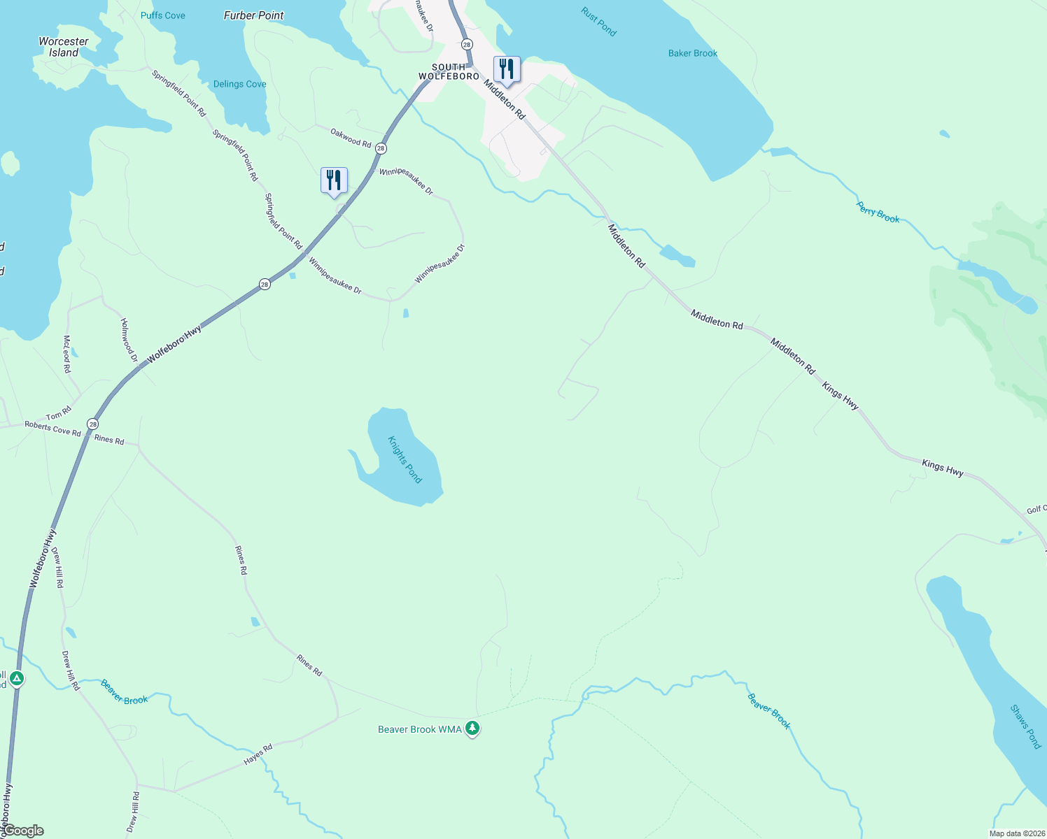 map of restaurants, bars, coffee shops, grocery stores, and more near 36 Alpine Meadows Road in Wolfeboro