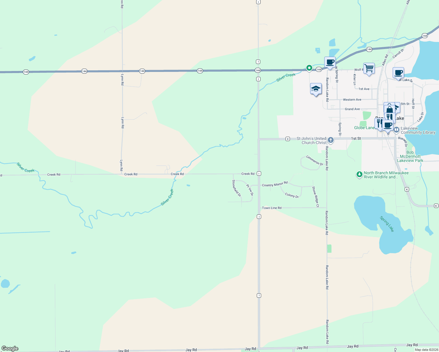 map of restaurants, bars, coffee shops, grocery stores, and more near W5815 Creek Rd in Random Lake