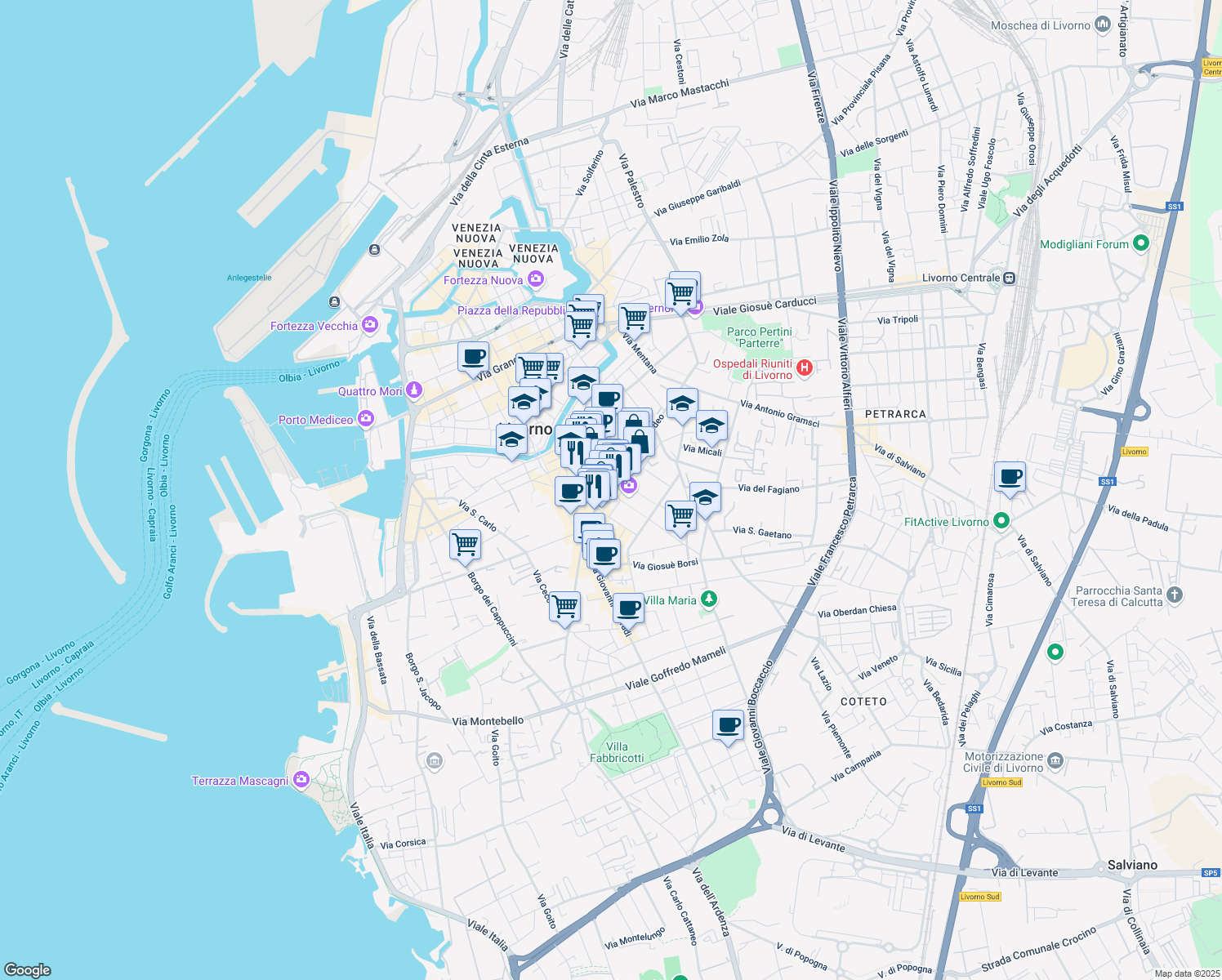 map of restaurants, bars, coffee shops, grocery stores, and more near 78 Via Magenta in Livorno