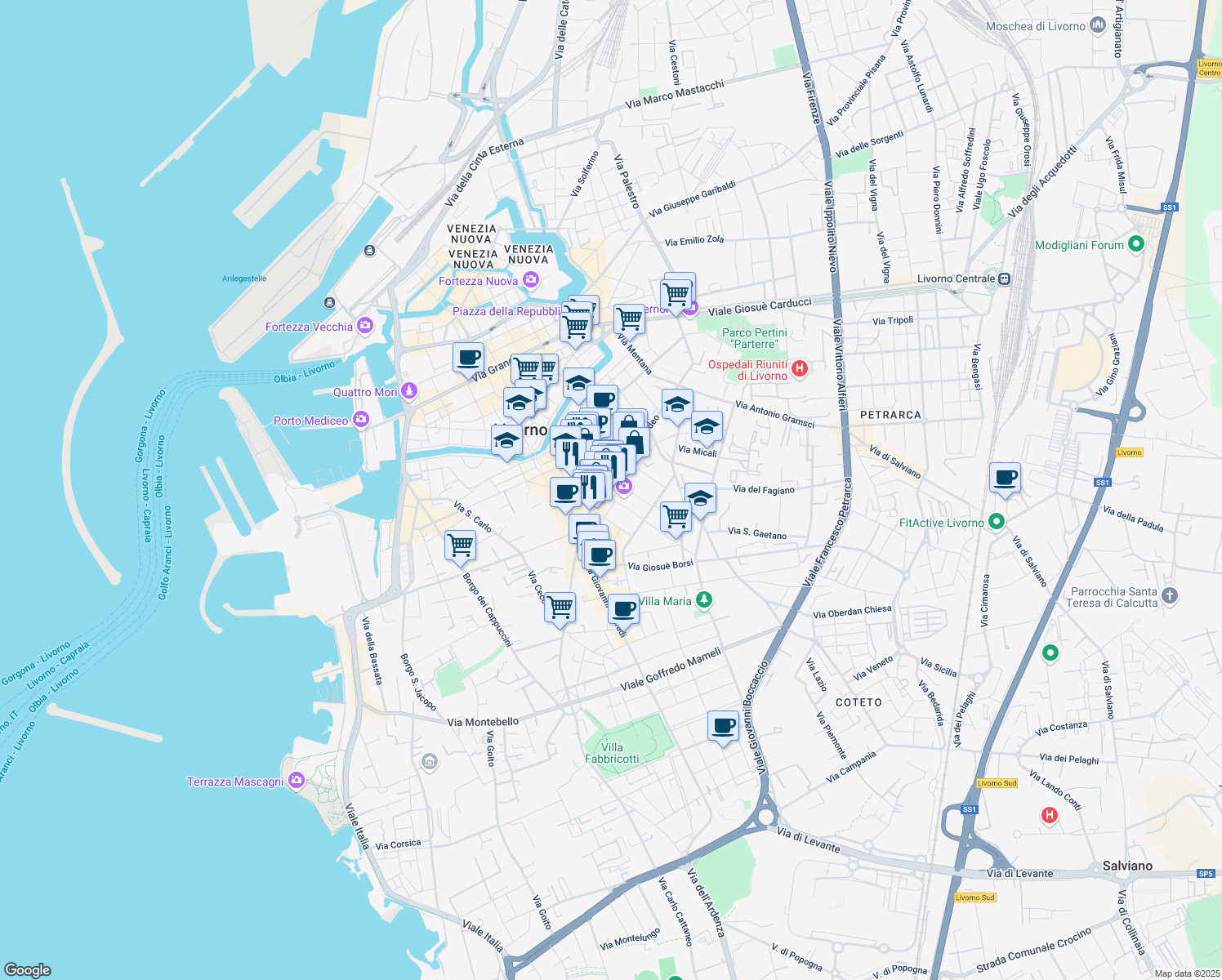 map of restaurants, bars, coffee shops, grocery stores, and more near 78 Via Magenta in Livorno