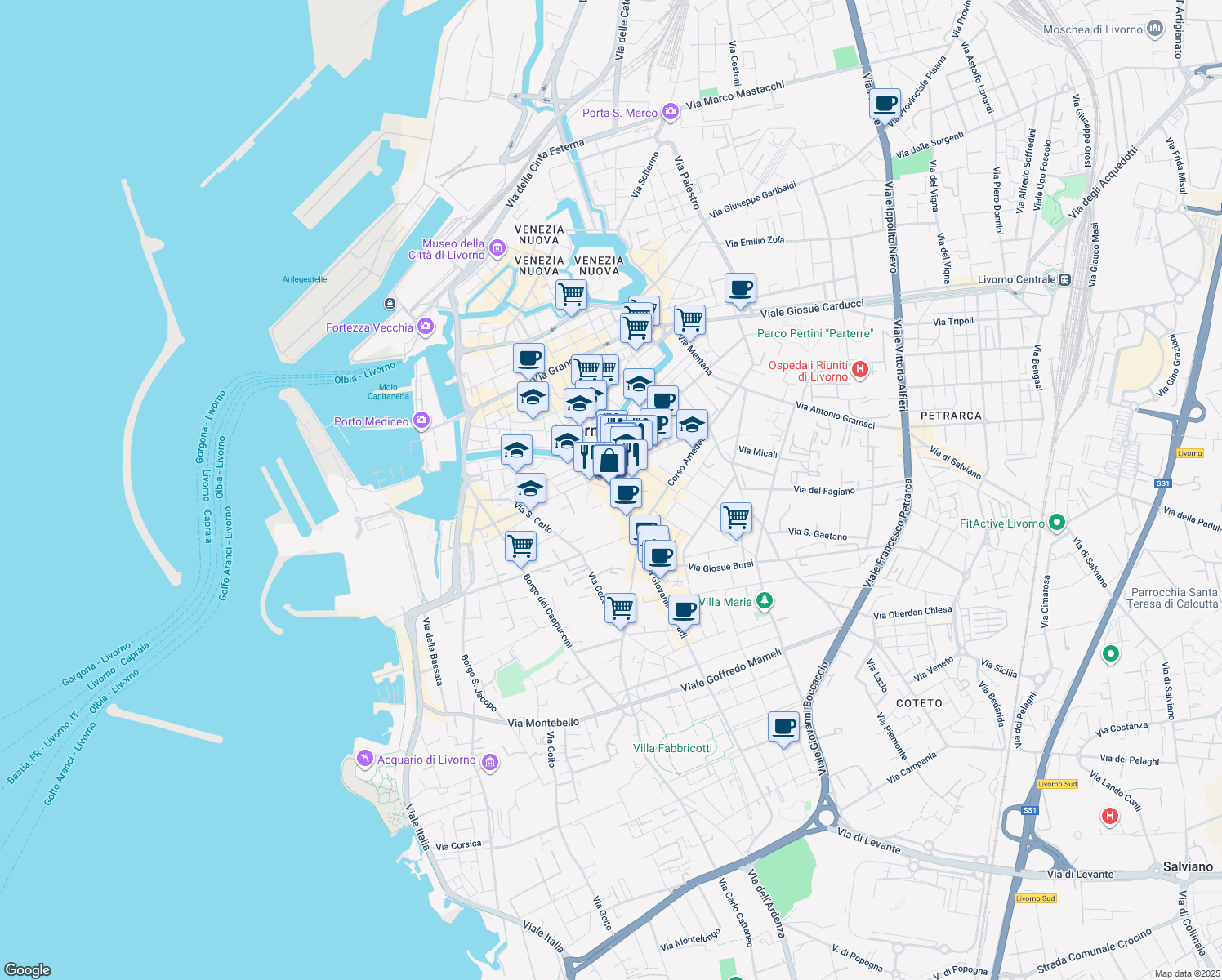 map of restaurants, bars, coffee shops, grocery stores, and more near in Livorno