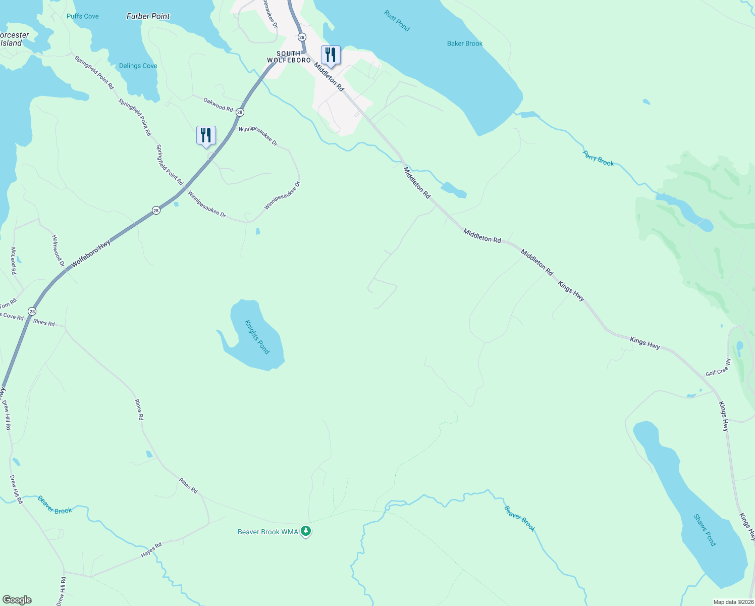 map of restaurants, bars, coffee shops, grocery stores, and more near 45 Long Stack Road in Wolfeboro