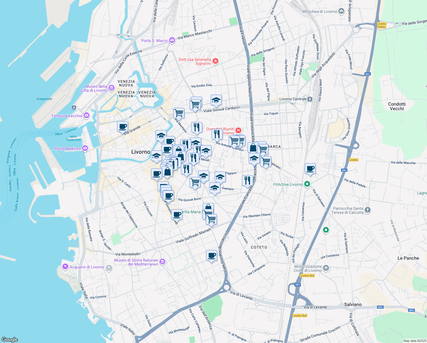map of restaurants, bars, coffee shops, grocery stores, and more near 31 Via del Fagiano in Livorno
