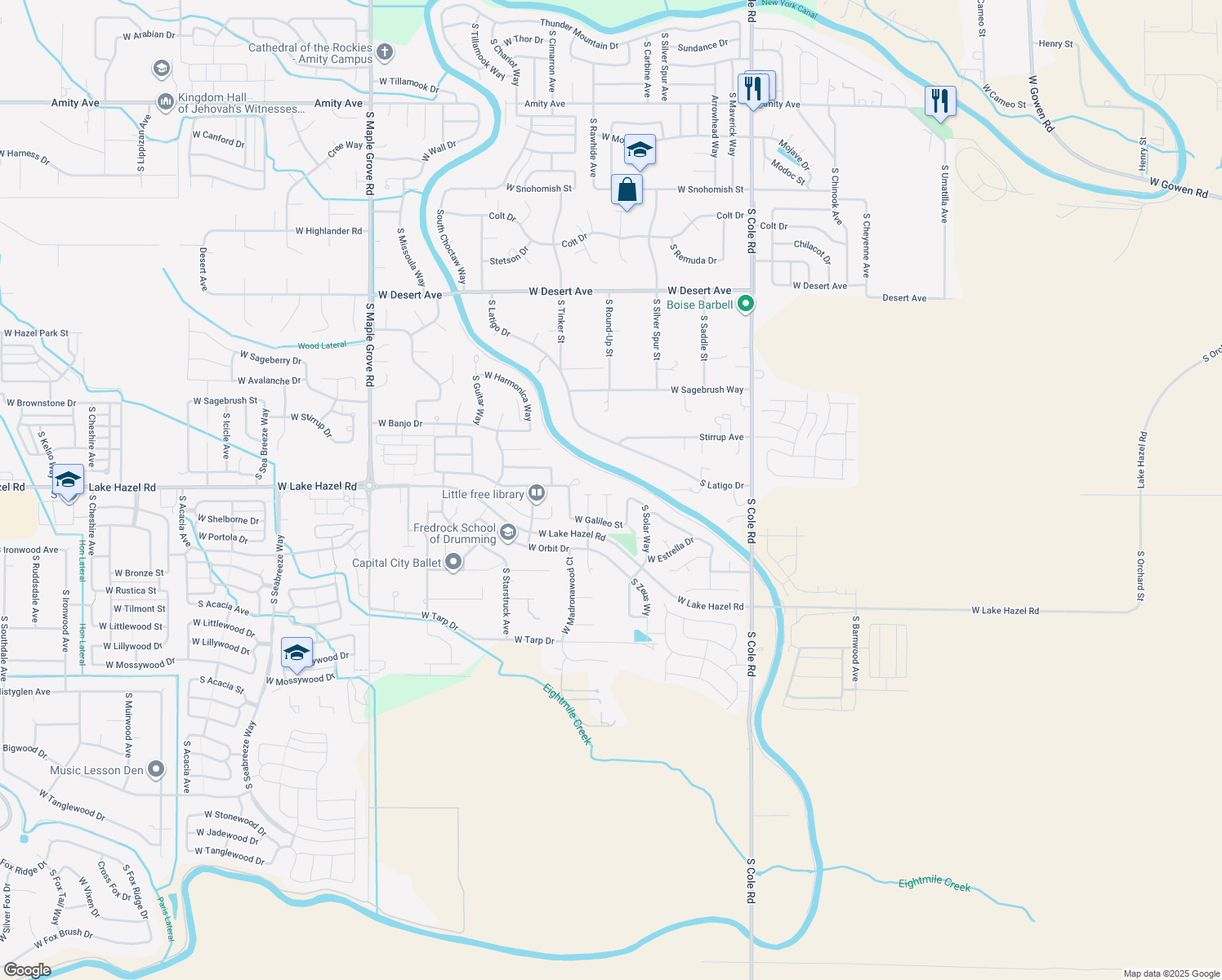 map of restaurants, bars, coffee shops, grocery stores, and more near 6200 South Neptune Place in Boise