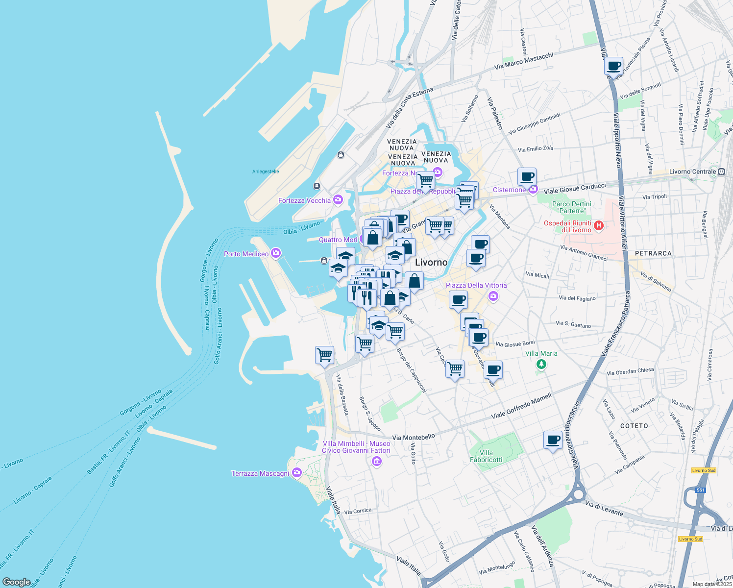 map of restaurants, bars, coffee shops, grocery stores, and more near 18 Piazza la Giovine Italia in Livorno